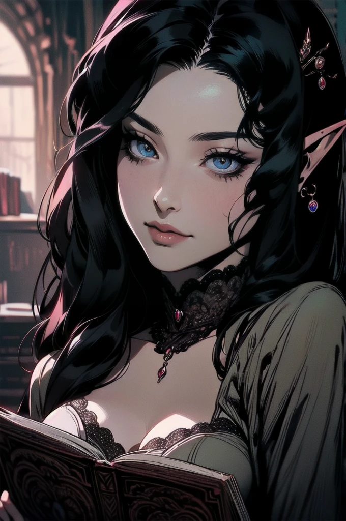 { - anatomy error}(Masterpiece - Ultra-detailed, very high resolution) moonlight, hyper-realistic of a mysterious woman with flowing black hair, ears of elf, piercing opal eyes, and a delicate lace crown, delicate smile, whole body, reading a book