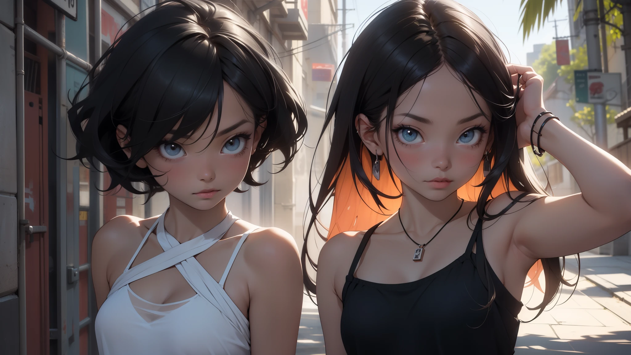 Black Hair, Short Ponytail, Fuji Frame, Angel Halo, Devil horns, Variegated eyes, Pointed Ears, smile, Young people, Conceptual Art, realism, Chiaroscuro, Anatomically correct, Textured skin