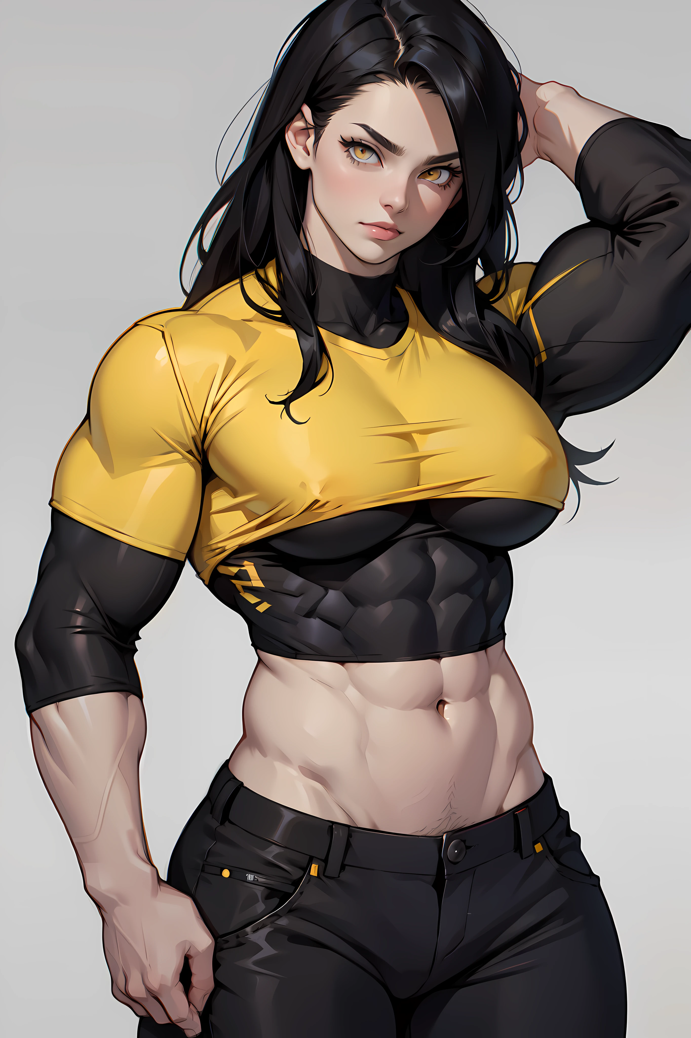 (1girl) pale skin huge breasts muscular toned bodythick thighs black hair yellow eyes (tight shirt and pants long hair grey background) bodybuilder navel