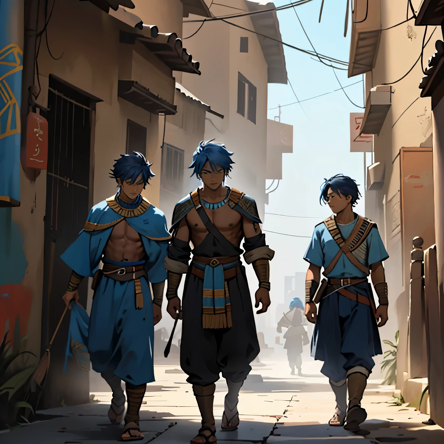 A group of 3 friends aged 13 and 24, They are talking about how to defend themselves from the enemy army when they invade the city 14 years of blue hair, The 14-year-old boy with straight hair with his back uncovered and his chest bare but dressed in typical clothes of ancient Egypt with dark skin walking lost through the different streets of a city is noon. doferentes angulos mira la ciudad desde lo slto de una colina.