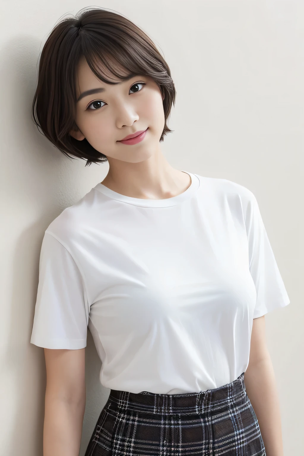 masterpiece、一人のBeautiful woman、detailed face、fine eyes、fine skin、highest quality、Japanese、常に真frontageを向く、background white,、28 years old、I&#39;Iは黒無地の半袖Tシャツを着ています.、shy smile、shortcut、brown fluffy hair, soft light, Beautiful woman、bright look、(Are standing)、frontage、small breasts、(Keep your upper body facing straight ahead......),Wearing a long plaid skirt , full body shot,So that the whole body is reflected, background white, bob hair.,keep your chest straight ahead..,black t-shirt、I&#39;Iは黒無地の半袖Tシャツを着ています、The background is a white wall, 
