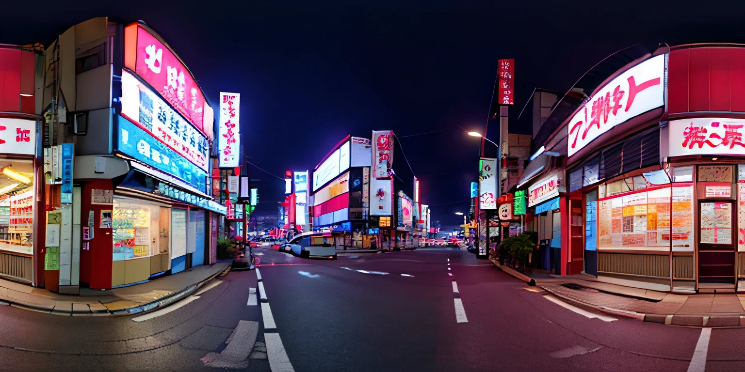 panorama, 
tokyo manga district at night, pink neon lights