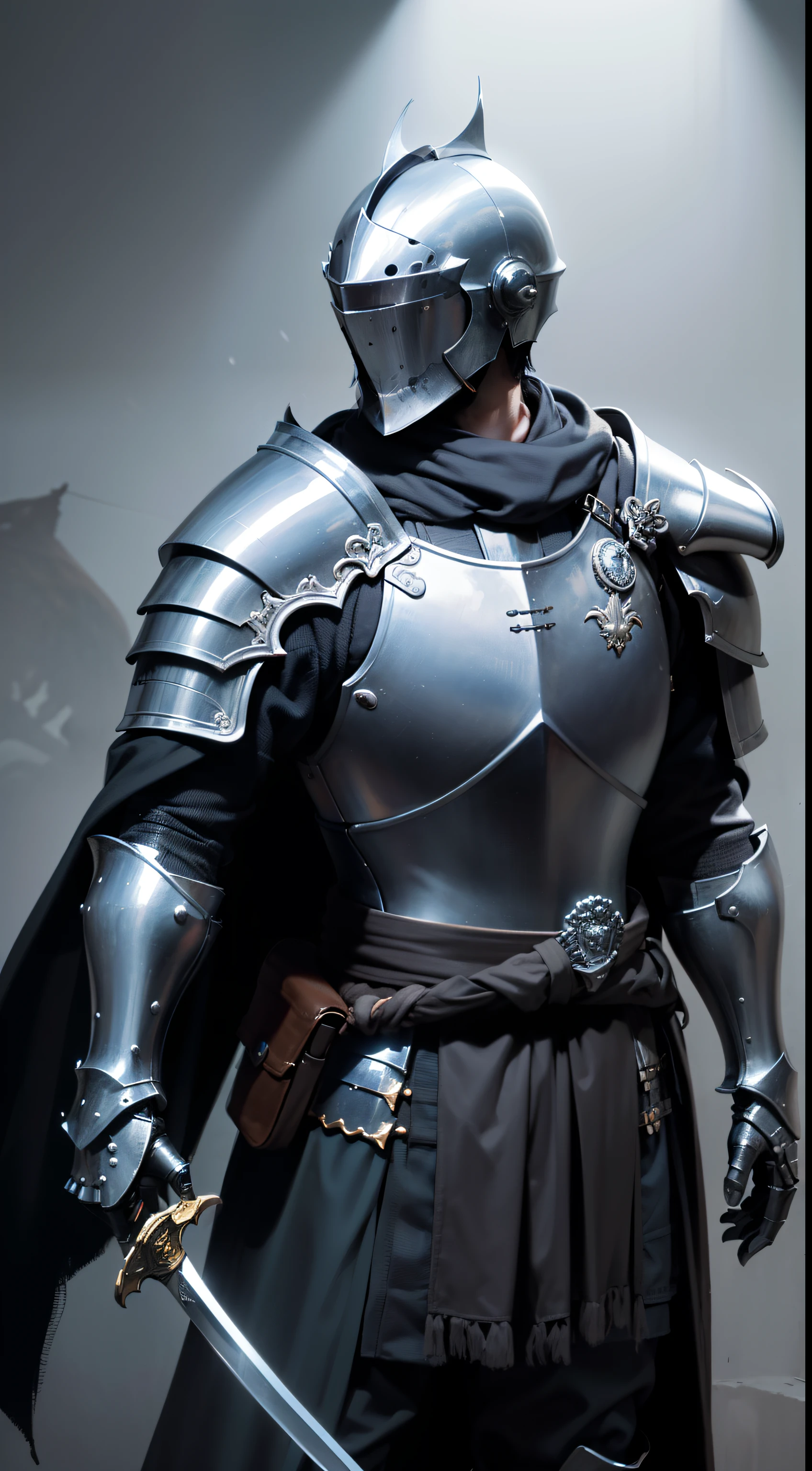 (UHD, masterpiece, accurate, anatomically correct, textured skin, super detail, high details, high quality, best quality, highres, 1080P, HD, 4K, 8k, 16k), studio lighting, physically-based rendering, vivid colors, (portrait, (simple background), ((1 character)), ((male knight)), imposing walk, (low camera angle), (the knight uses a flowing ragged cloth around his waist), (dark atmosphere), (dark armor, darkened steel), (hidden face), (helmet), (empty hands), (no swords)