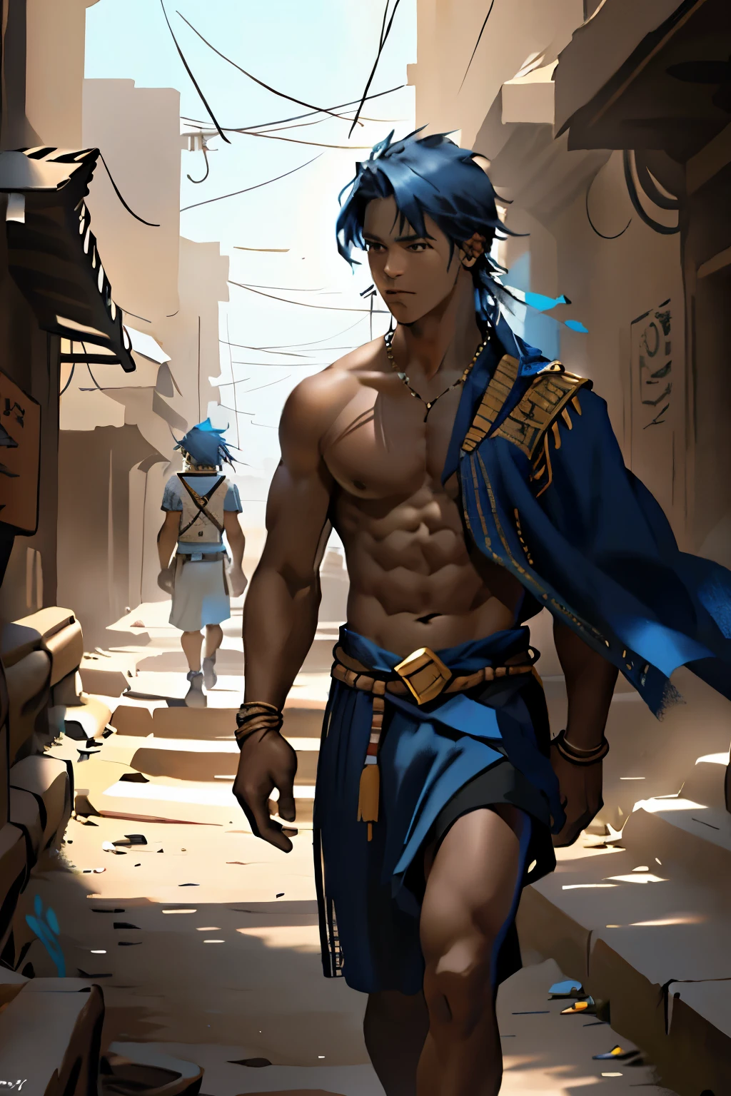 Walking through the streets of his town, he is with blue hair, The 14-year-old raight hair with his back uncovered and his chest bare but dressed in typical clothes of ancient Egypt with dark skin walking lost through the different streets of a city is noon. doferentes angulos mira la ciudad desde lo slto de una colina.
