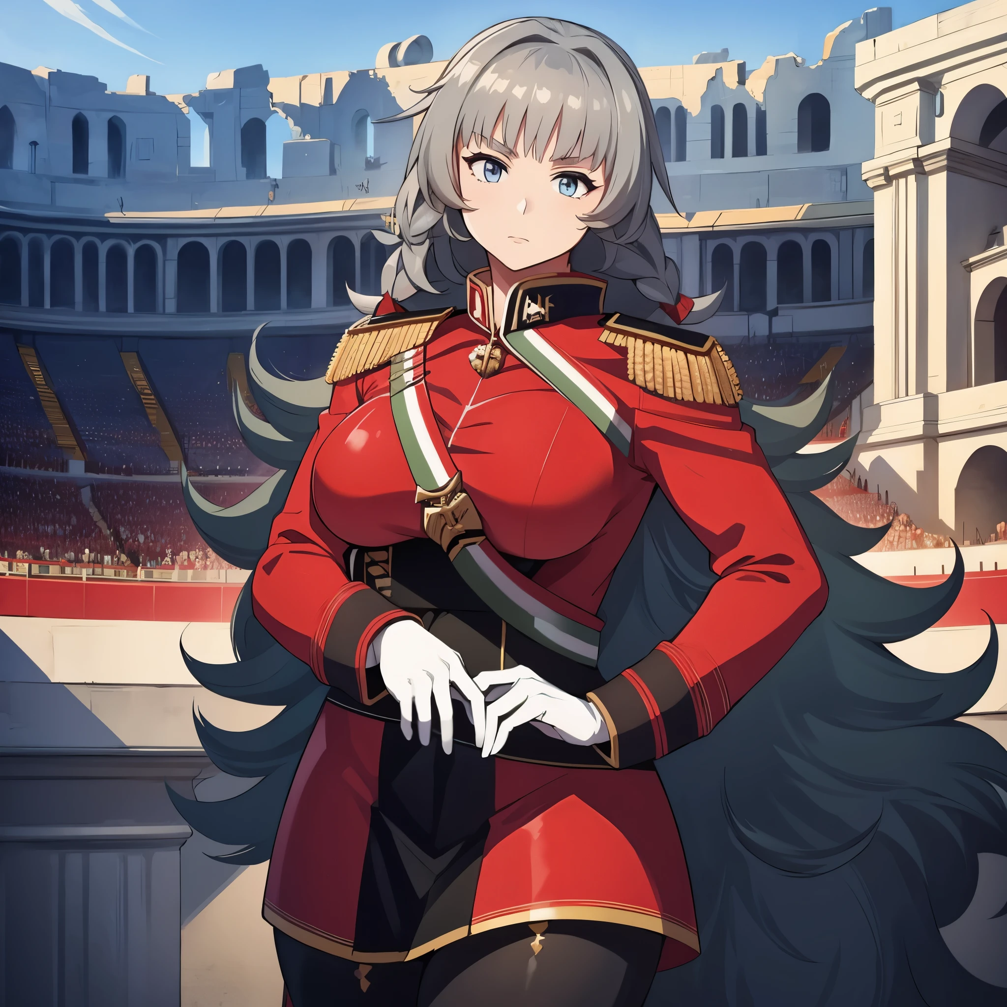 A woman in red military uniform, in a coliseum