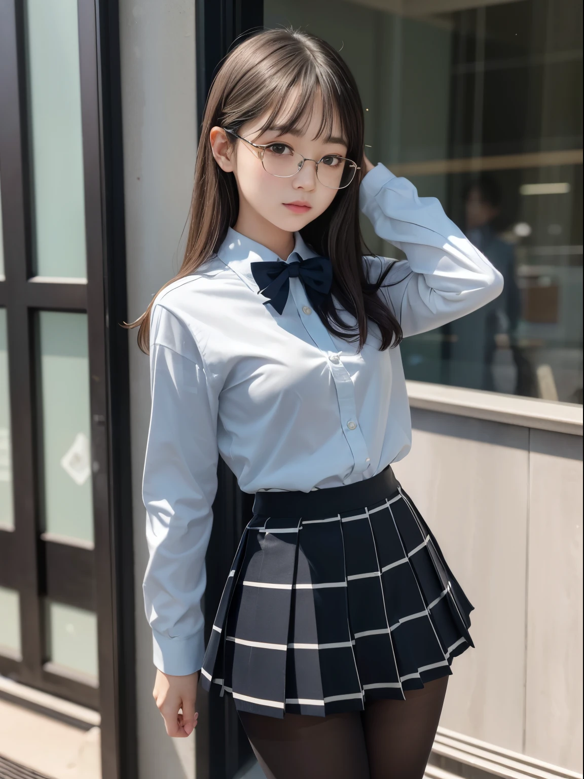 (8k、RAW photography、highest quality、masterpiece:1.2),Cheeky,School,looking at the viewer,Looking at the front,Muchimuchi,erotic,student,Light green Bra,Bra showing through shirt,white skin,knees,,(((black pantyhose)),((black pantyhose)))(((black pantyhose)),((black pantyhose))),absurd,small face,,flat chest,前hairを真ん中から分けます、I can see the forehead,(cold look,きついeye,glare,strong,skinny,skinny,get annoyed)、masterpiece,highest quality、超A high resolution,RAW photo,Len,beautiful feces,one person, solo,glasses,,dark look,small breasts,whole body,丸glasses、cute,JK uniform,high school girl,japanese woman,standing,(Photoreal:1.37)、photon mapping,realistic、beautiful woman,cutesmall face,茶色のeye、black socks、(red bow tie)、radio city、物理ベースのLenダリング、Depth of the bounds written、blurred background、picture,body,teenage girl,beautiful feet, long legs, thin legs,(前hairが見える), hair, lips, green_eye, nose soft,(light blue shirt), (Navy, blue and white plaid pleated skirt), kneesが見える,thin clothing,, thigh, black cotton socks,Nogizaka Idol, actress, Japanese ID information
