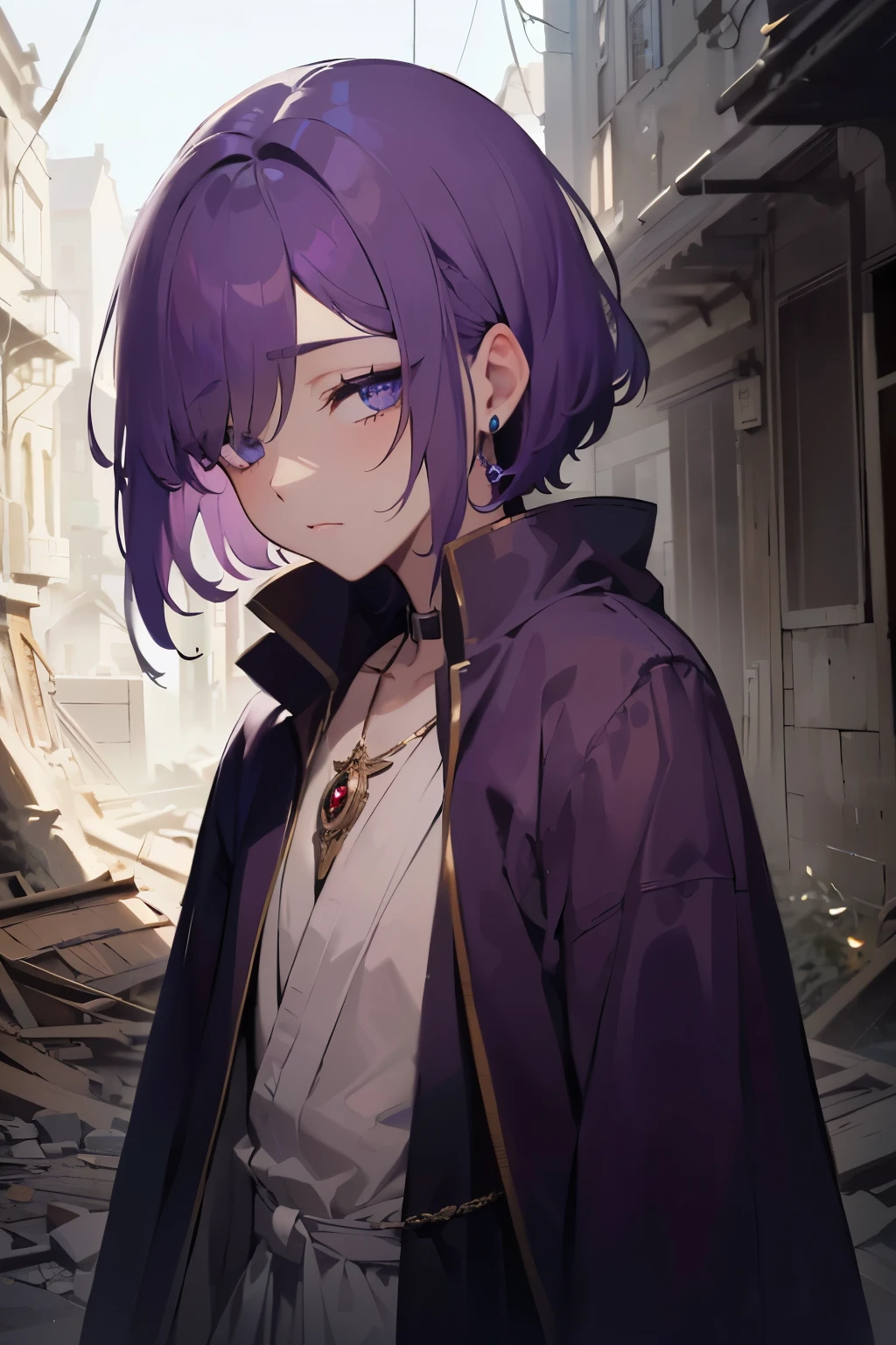 (Little 1 Boy,Androgynous boy,Alone,Solo,grey  eyes,Hair that hides one eye),(Best Quality,Hyper Detailed:1.5),(bob cuts,Hair purple hair,Right above one eye,sleeves past wrists:1.2),(half_Closed eyes,Jitome,Closed mouth),(Insanely detailed cloth,Dark purple wizard robes and jewelry:1.2),more_Details:1,BREAK,(1boy,Solo),(absurderes, Upper body,Insanely detailed portrait,Intense angle,Expressive,Ultra-detailed,extremely delicate and beautiful),(perfect detailed eyes),(Beautiful Landscapes,8K),(incredible detailed,delicate and intricate hair,Detailed complex cloth),(Magnificent view,In the ruins),