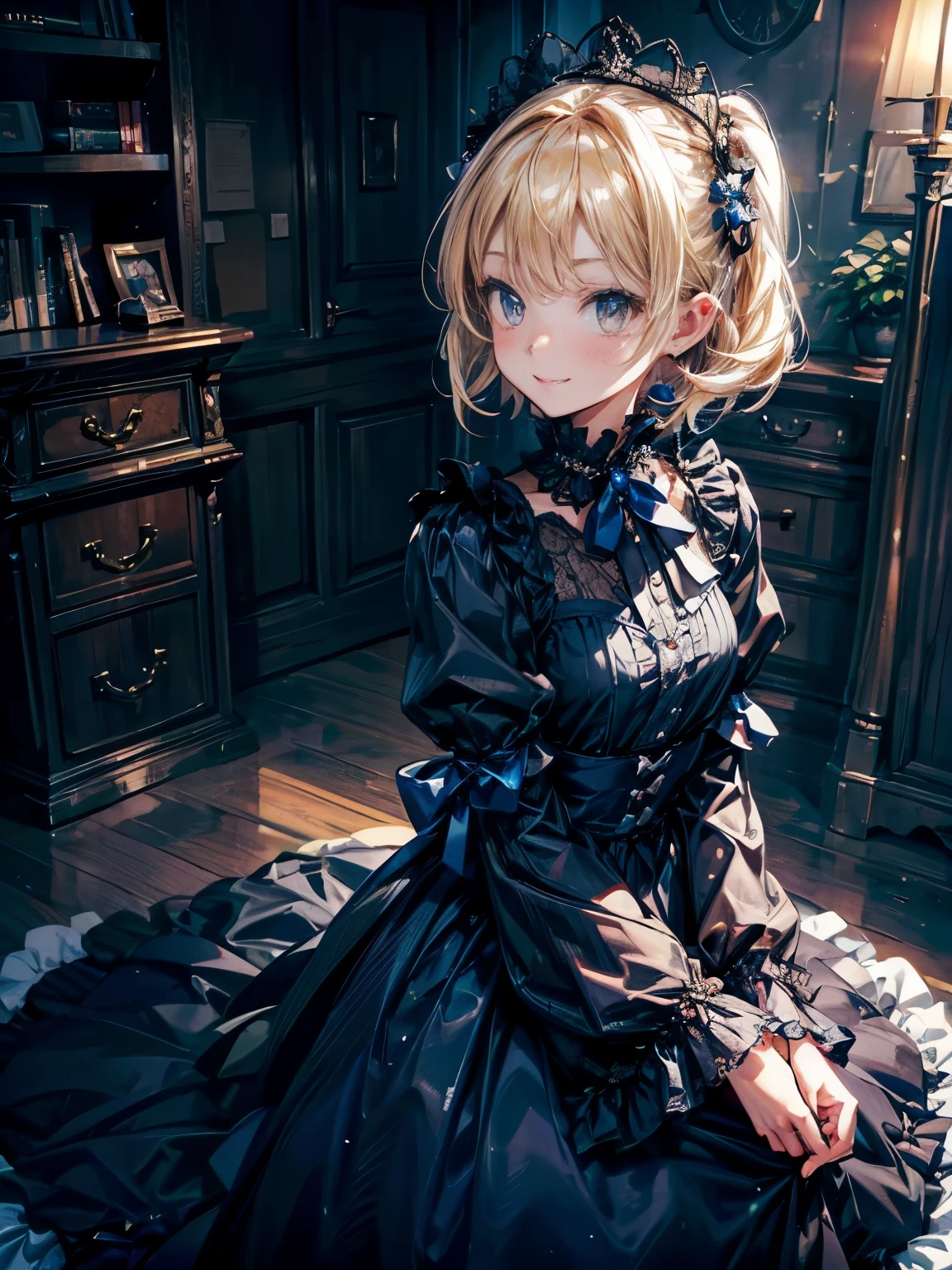 prompt: 8K resolution, delicate features, , single, Unique pupils, A smiling smile, blonde, princess cut, Bow hair ornament, brooch, Glossy dark blue dress, ta style, gothic style, facing the viewer, Otaku room, female imp