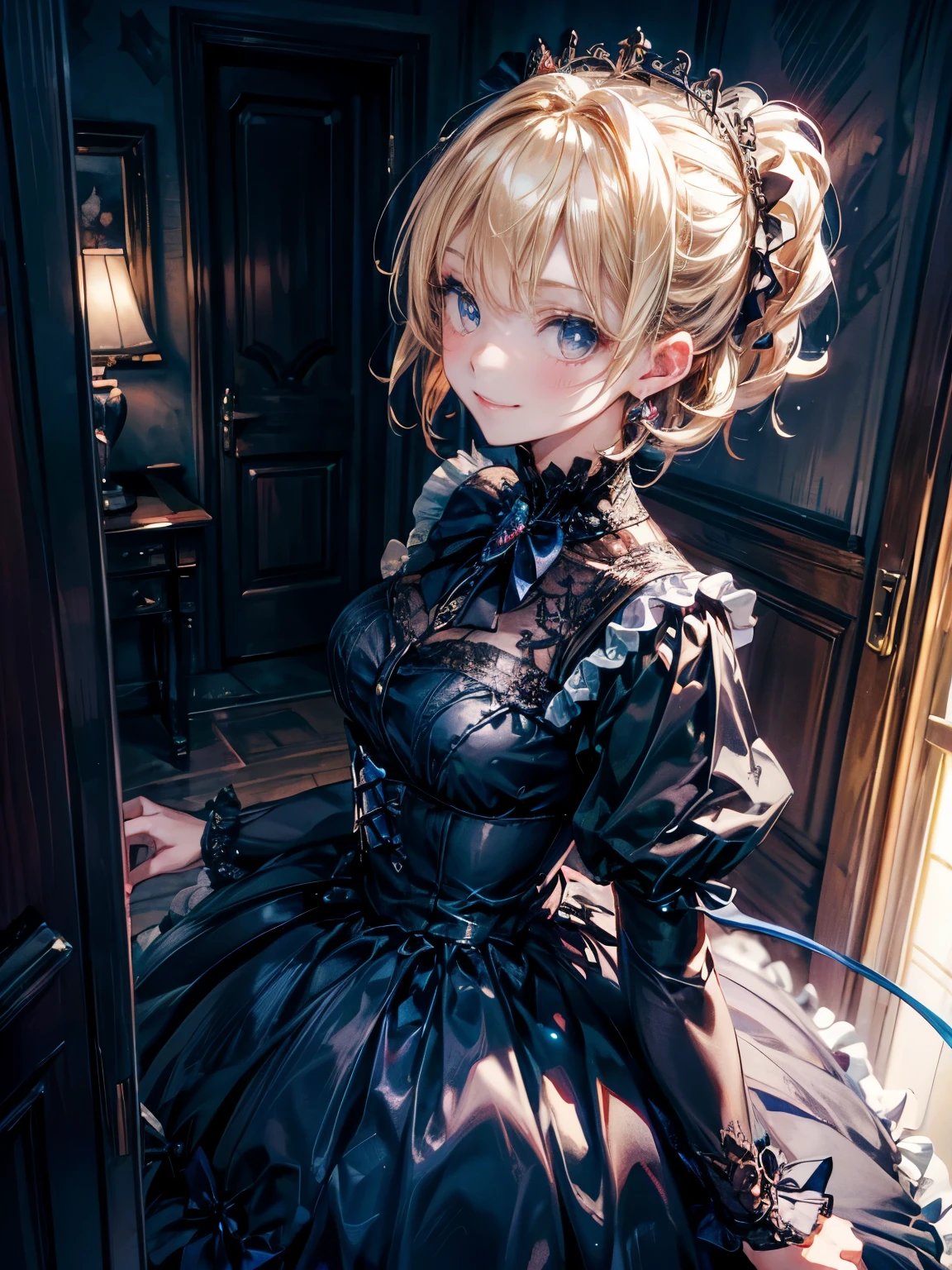 Anime style, super fine illustration, highly detailed, beautiful detailed, pale tone image, static representation, gentle expression, 8k, full body, pretty 1girl with blonde straight short hair & blue eyes & a bright smile & full bust & soft fair skin is wearing big white business shart not to show her skin & black tight skirt, taking off her shoes at the small entrance, in the evening, romantic stories, solo, perfect 5fingers, perfect arms, perfect legs, masterpiece.
