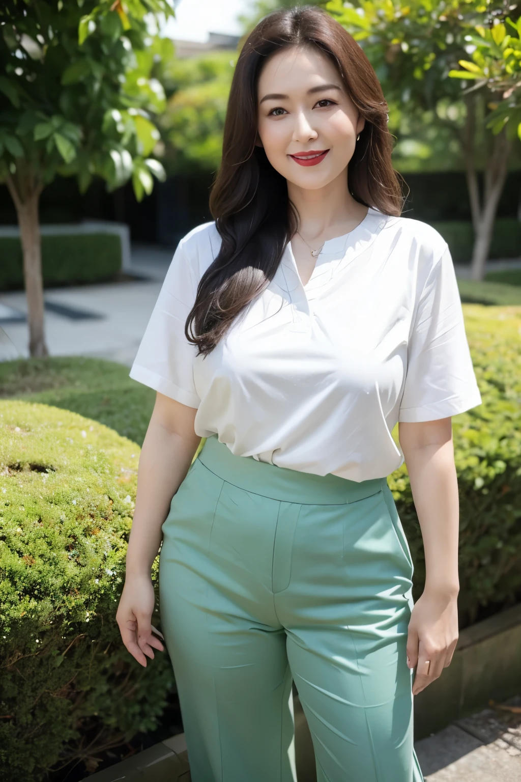 Draw lips correctly, red lipstick, from chest up, best quality, Super detailed, lifelike, Super fine skin, perfect anatomy, (1 日本Mature的女人), (alone),wear white shirt,short sleeves,green pants,wavy long hair,37-year-old female,Mature,charming smile,outdoor background,stand,Leg length,Chubby,Big breasts,stand up,full-body shot