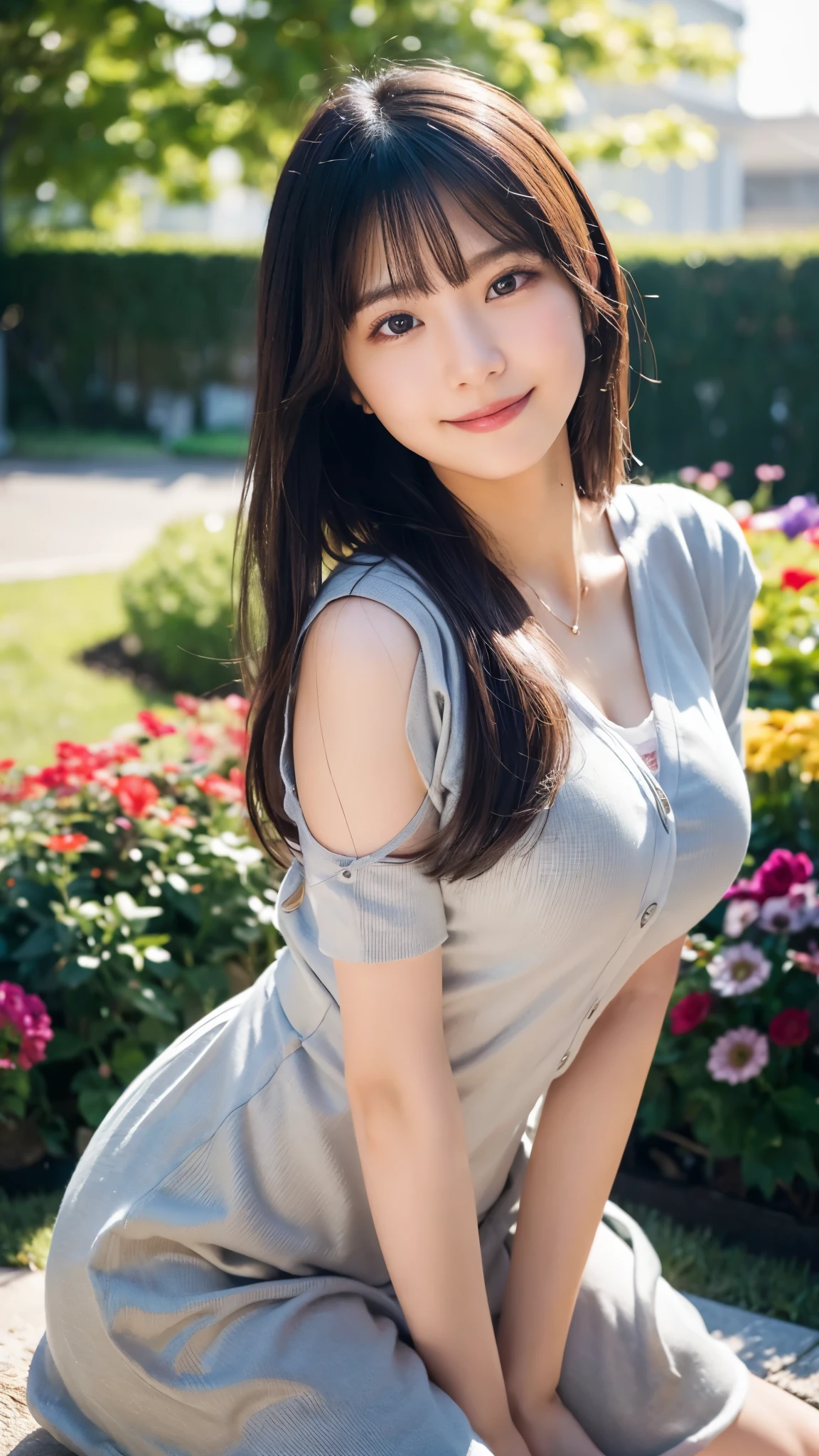 One super beautiful beautiful Korean woman,masutepiece, Best Quality, Ultra-detailed, finely detail, hight resolution, in 8K, ((Photorealsitic:1.4, Raw photography, 超A high resolution,Top image quality: 1.4)), ((Super Korean idol-class beauty:1.3)), (face is round and small), （((The nose is symmetrical and narrow:1.4))）,(The ratio of the transcendental nose is symmetrical and small and high.),Wallpaper, ((1 with perfect full body composition.5)), Beautiful detailed eyes, Natural Color Lip, ((a serene smile:1.5)), ((Random and cute bangs see-through hairstyle)), ((Spring clothes with spring colors and date clothes:1.5)), ((big breast size：1.5、cleavage of the breast:1.2)), ((Wear random and cute skirts:1.5)), ((Only one mole just above the tear bag:1.2)),((Background of flowers, water and trees:1.4)), ((random happy expression)),Highly detailed and natural lighting)),((thigh visible:1.5)),BREAK((I hold the hand of someone other than myself that has reached out.：1.5)),date with a man：1.5,Looks like a random little devil：1.3,