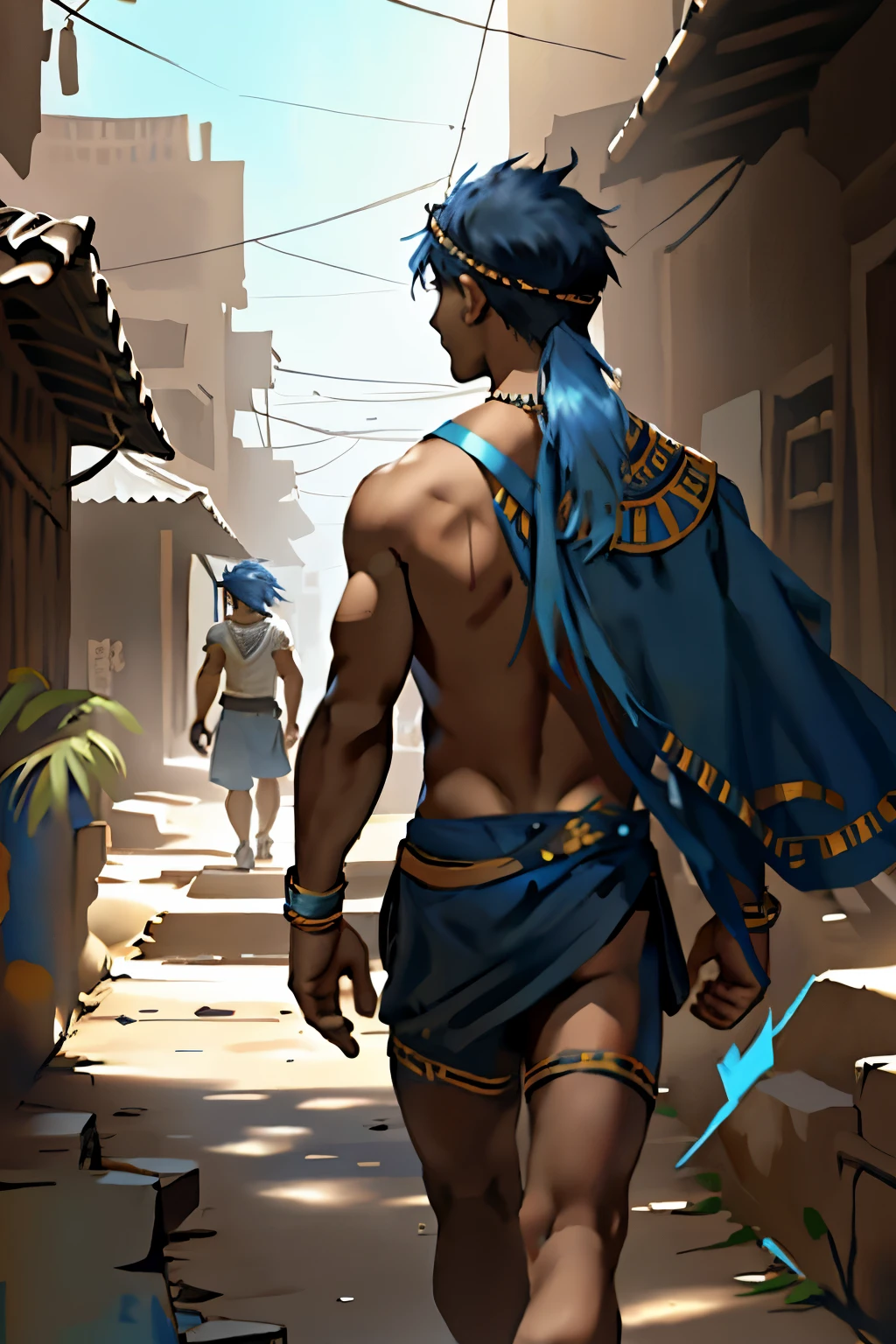 Walking through the streets of his town, he is  with blue hair, The 14-year-old y wstrai hair with his back uncovered and his chest bare but dressed in typical clothes of ancient Egypt with dark skin walking lost through the different streets of a city is noon. doferentes angulos mira la ciudad desde lo slto de una colina.