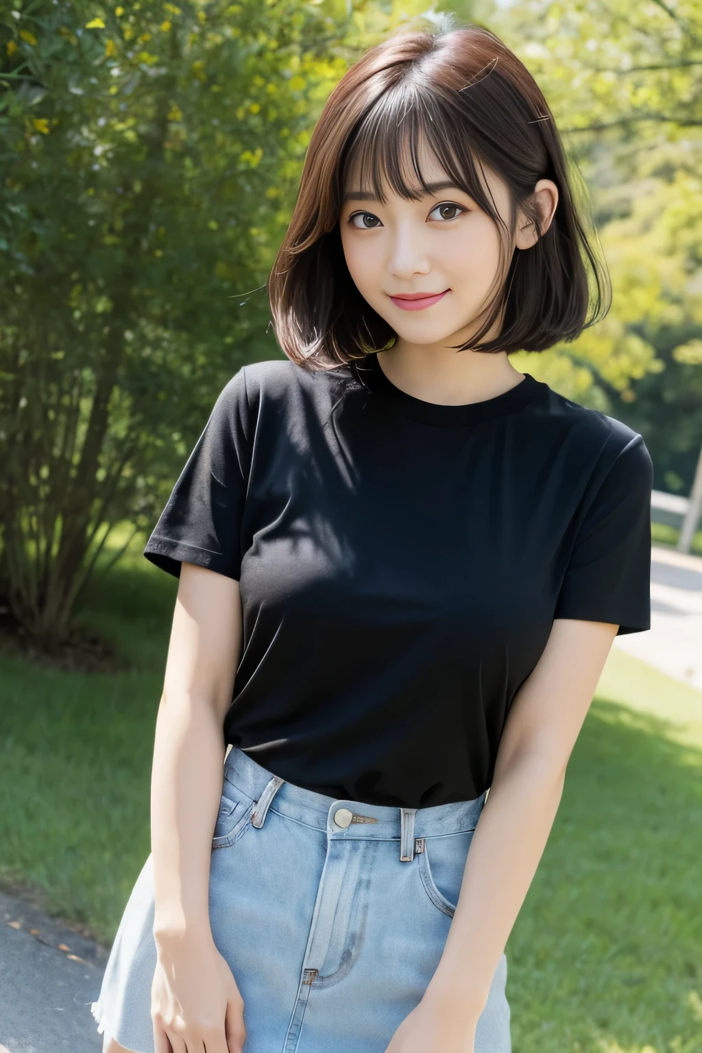 masterpiece、一人のBeautiful woman、detailed face、fine eyes、fine skin、highest quality、Japanese、常に真frontageを向く、background white,、28 years old、I&#39;Iは黒無地の半袖Tシャツを着ています.、shy smile、shortcut、brown fluffy hair, soft light, Beautiful woman、bright look、(Are standing)、frontage、small breasts、(Keep your upper body facing straight ahead......),Wearing a long plaid skirt , full body shot,So that the whole body is reflected, background white, bob hair.,keep your chest straight ahead..,Natural light、black t-shirt、I&#39;Iは黒無地の半袖Tシャツを着ています、