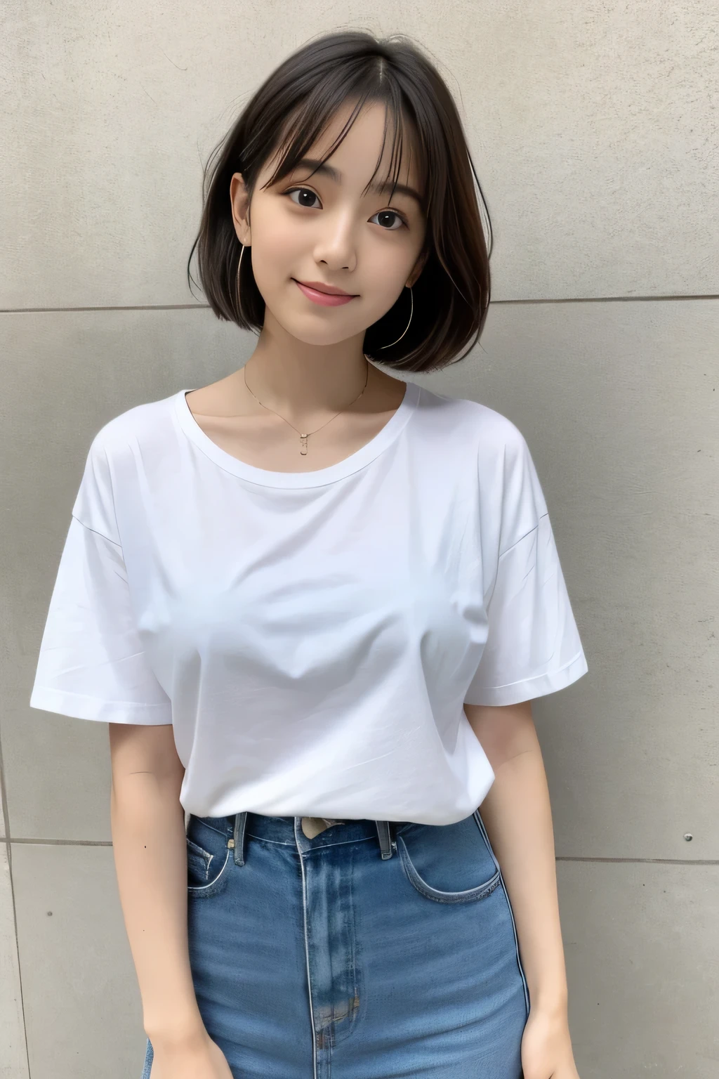 masterpiece、一人のBeautiful woman、detailed face、fine eyes、fine skin、highest quality、Japanese、常に真frontageを向く、background white,、28 years old、I&#39;Iは黒無地の半袖Tシャツを着ています.、shy smile、shortcut、brown fluffy hair, soft light, Beautiful woman、bright look、(Are standing)、frontage、small breasts、(Keep your upper body facing straight ahead......),Wearing a long plaid skirt , full body shot,So that the whole body is reflected, background white, bob hair.,keep your chest straight ahead..,Natural light、black t-shirt、I&#39;Iは黒無地の半袖Tシャツを着ています、