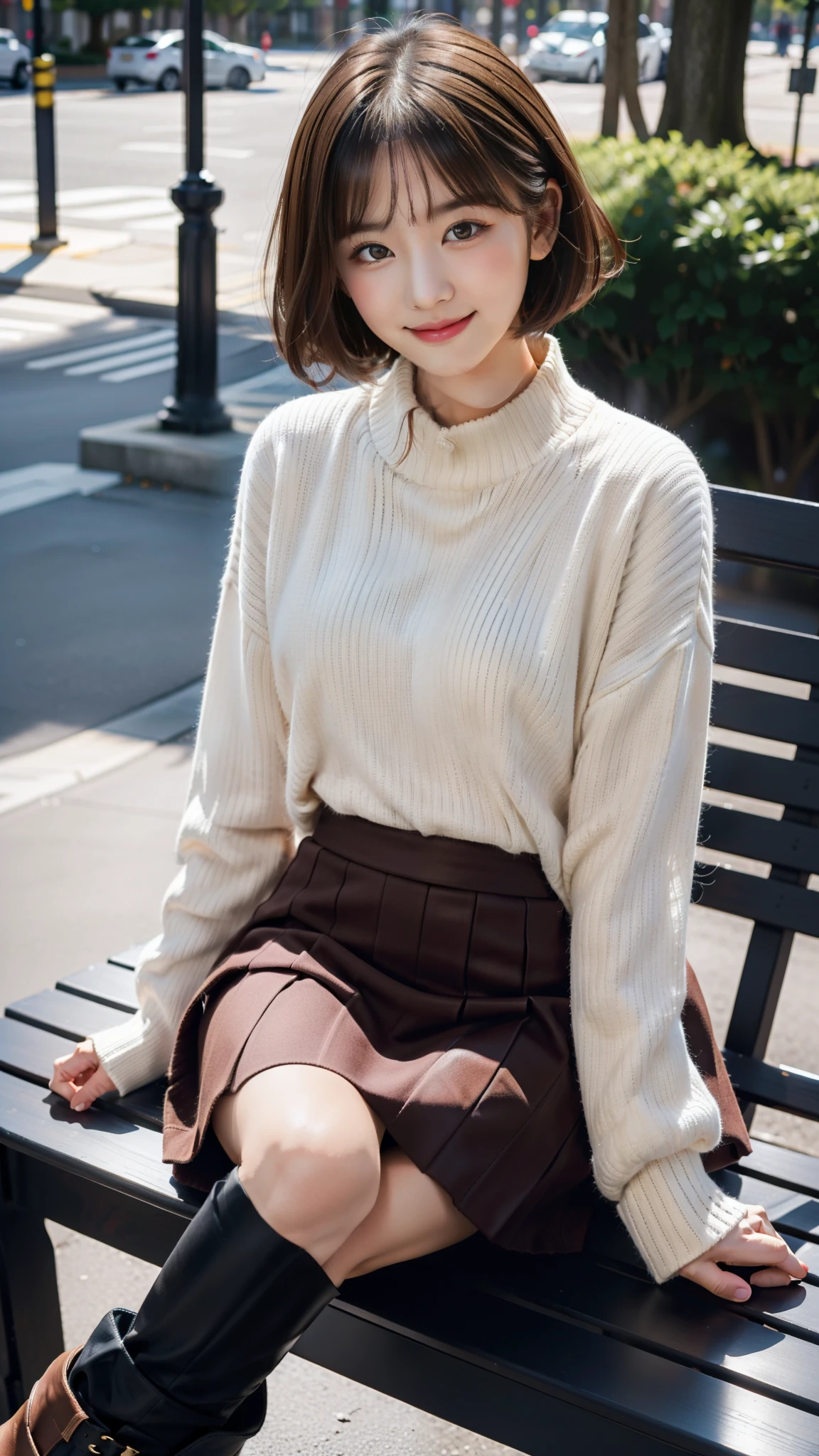 Photo taken by a professional photographer,laughter:1.5, wearing a sweater, short cut brown hair, young and cute girl, Wearing a flared skirt,Wear stylish boots,sit on a park bench:1.5,Flashy makeup with red eyeshadow,