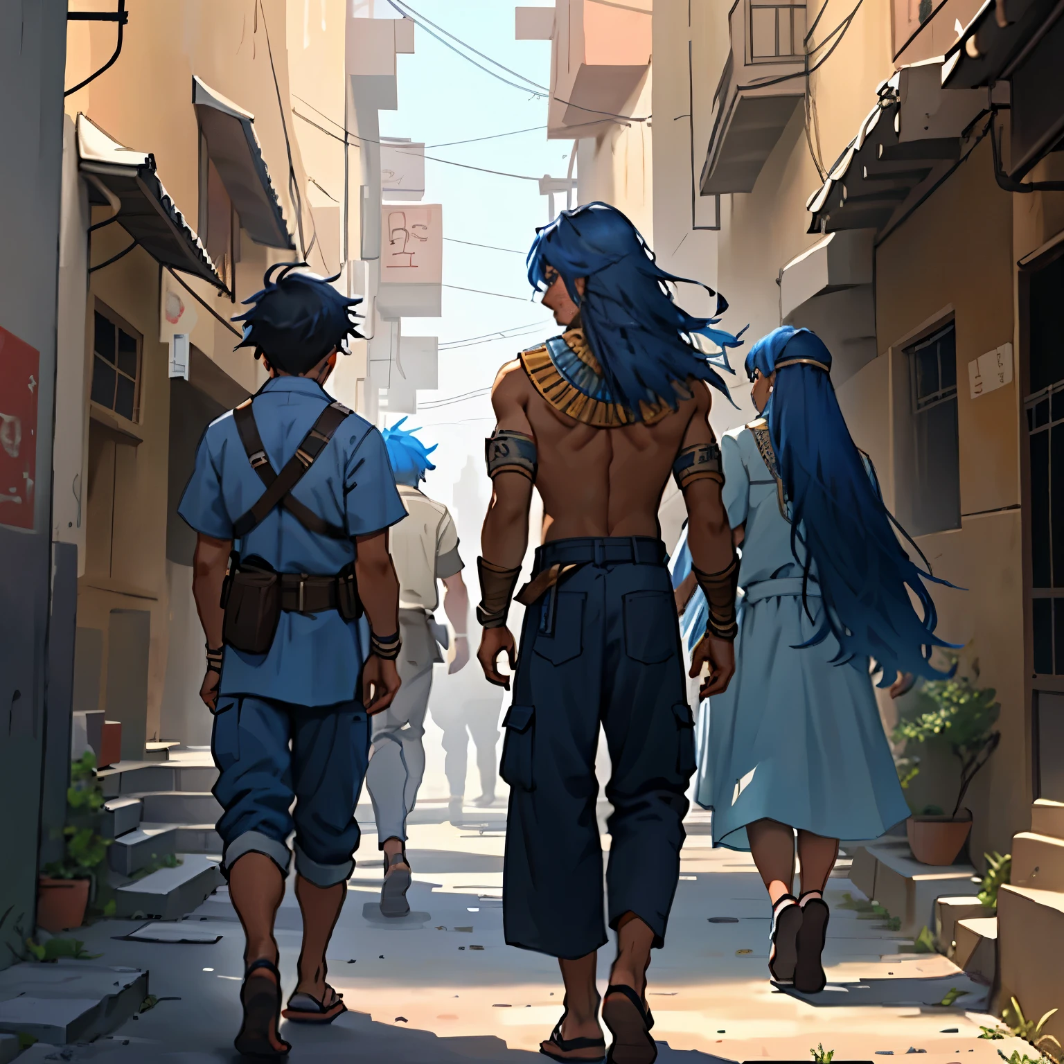 A group of 3 friends aged and 24, They are talking about how to defend themselves from the enemy army when they invade the city 14f blue hair, The 14-year-olboyh strht hair with his back uncovered and his chest bare but dressed in typical clothes of ancient Egypt with dark skin walking lost through the different streets of a city is noon. doferentes angulos mira la ciudad desde lo slto de una colina.