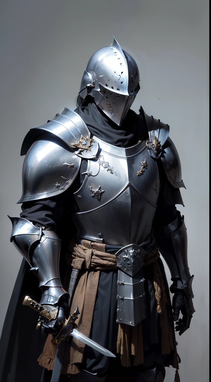 (UHD, masterpiece, accurate, anatomically correct, textured skin, super detail, high details, high quality, best quality, highres, 1080P, HD, 4K, 8k, 16k), studio lighting, physically-based rendering, vivid colors, (portrait, (simple background), ((1 character)), ((male knight), (low camera angle), (the knight uses a flowing ragged cloth around his waist), (dark atmosphere), (black steel armor), (hidden face), (helmet), (1 sword)