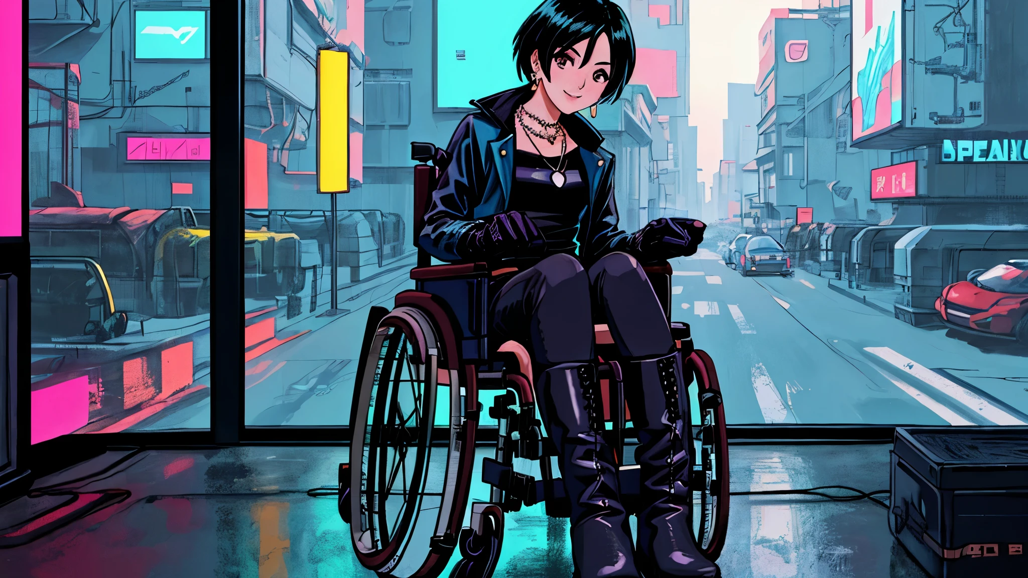 (best quality,4k,highres,ultra-detailed,realistic:1.2),Inside the hospital1,8,inside room,two girls,((they’re riding wheelchair)),((blue colored inner black hair,cyberpunk fashion,Parker,earrings,necklace,fingerless gloves,race-up long boots)),they’re facing to face,shy,smile,beautiful detailed eyes,beautiful detailed lips,long eyelashes, vivid colors,dynamic lighting,colorful scene