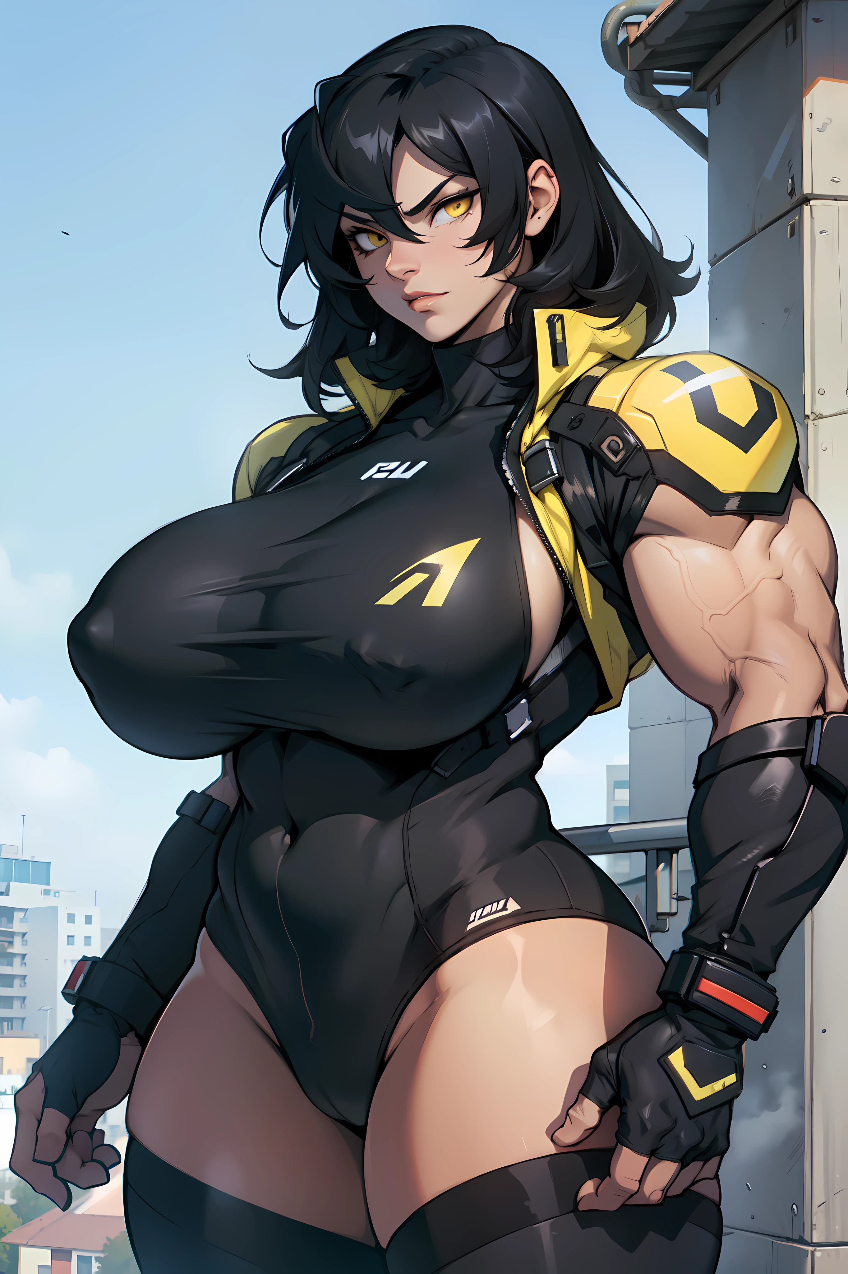 muscular thick thighs huge breasts black hair yellow eyes