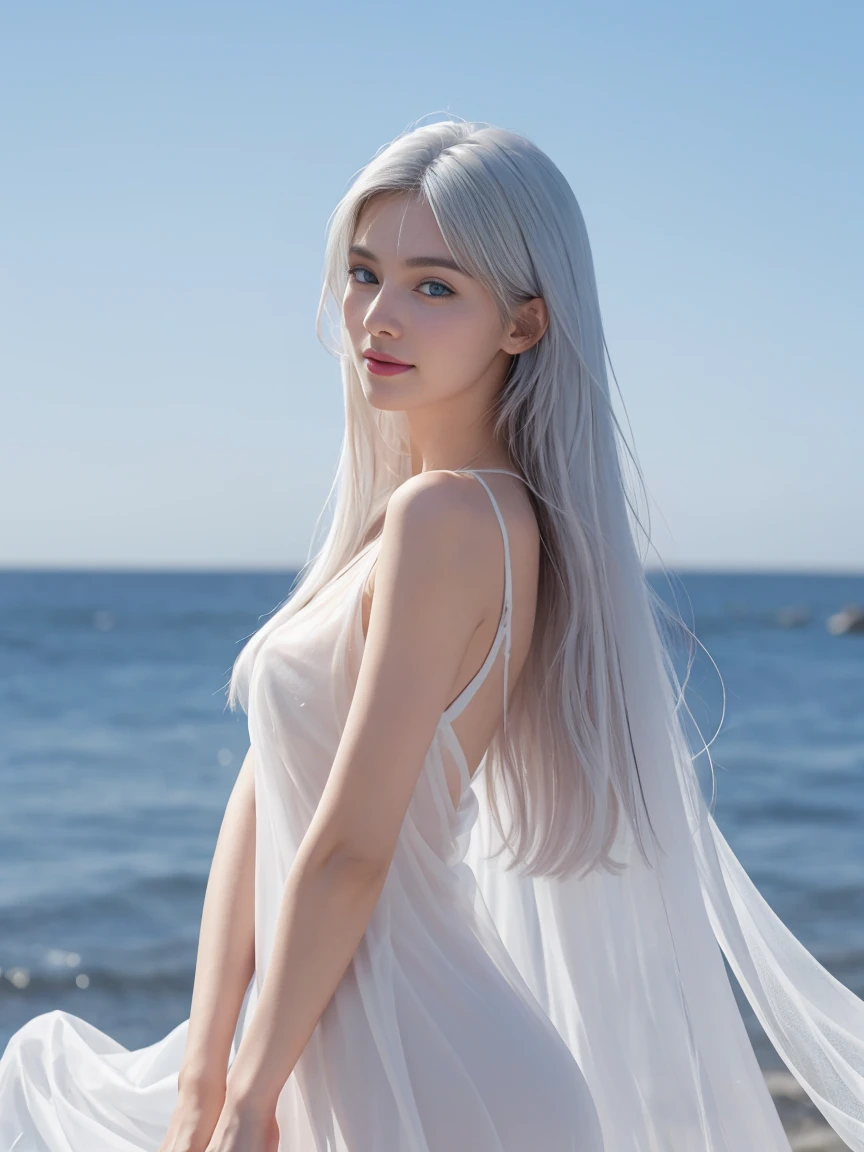 8k, best quality, intricate details, super details, super high resolution, masterpiece, random angles, slim, smile, (complements: 0.4), (fluffy blue eyes: 1.21), big blue eyes, looking at viewer, ((full body)), 1 girl, alone, 1 girl, (( full body)), close up shot, , (((high ))), (((slim face))), sharp face, sharp eyes, (((white hair, very long hair, ))), (detailed face), sharp face, small lips, ((angel wings)), ((see-through dress, nude)), detailed face, detailed breasts, , large breasts, ass detail, , beautiful girl with slender abs accentuated 1.4, Six Pack Abs: 1.4, bust botox, large, perfect body, leg detail, (( in heaven)), 18 years old, looks much younger than her age