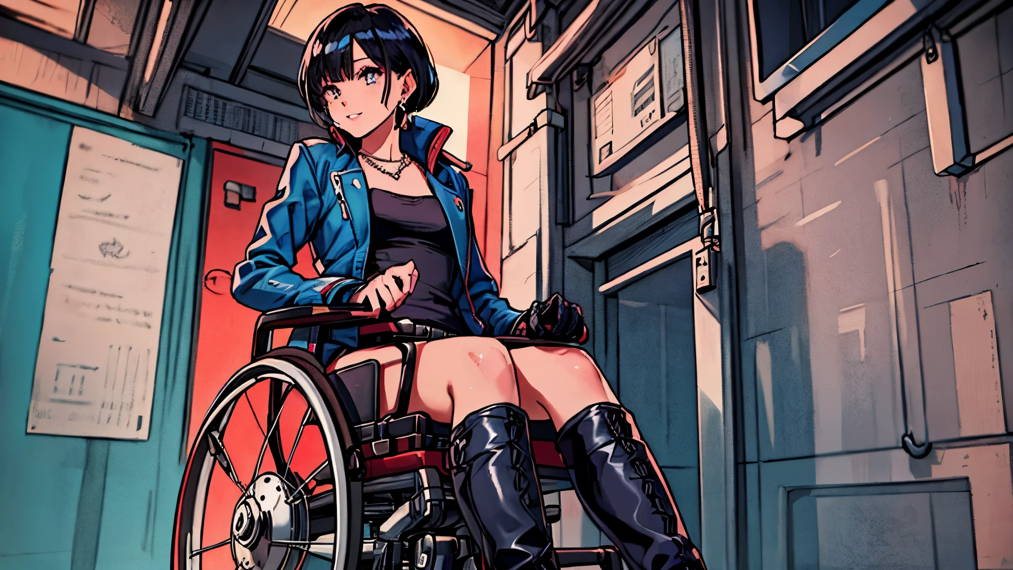(best quality,4k,highres,ultra-detailed,realistic:1.2),Inside the hospital1,8,inside room,two girls,((they’re riding wheelchair)),((blue colored inner black hair,cyberpunk fashion,Parker,earrings,necklace,fingerless gloves,race-up long boots)),they’re facing to face,shy,smile,beautiful detailed eyes,beautiful detailed lips,long eyelashes, vivid colors,dynamic lighting,colorful scene