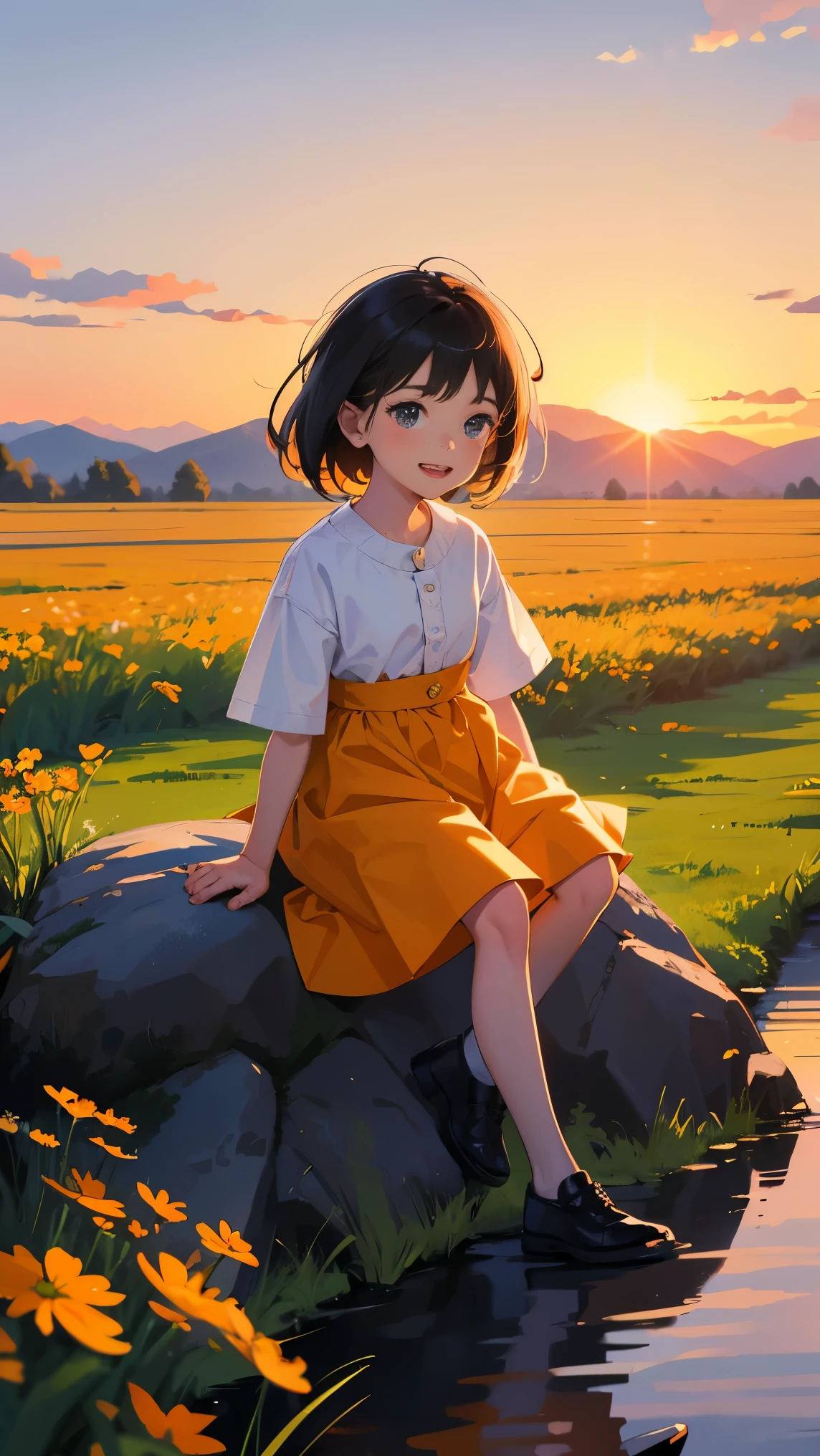 Happy 4 year old girl ，Dress in casual clothes.，sitting on the rocks of the meadow There was an orange and white cat sitting next to him.，The background is a village.，sunset and sunset，Facing the camera，full body photo，ultra high definition
