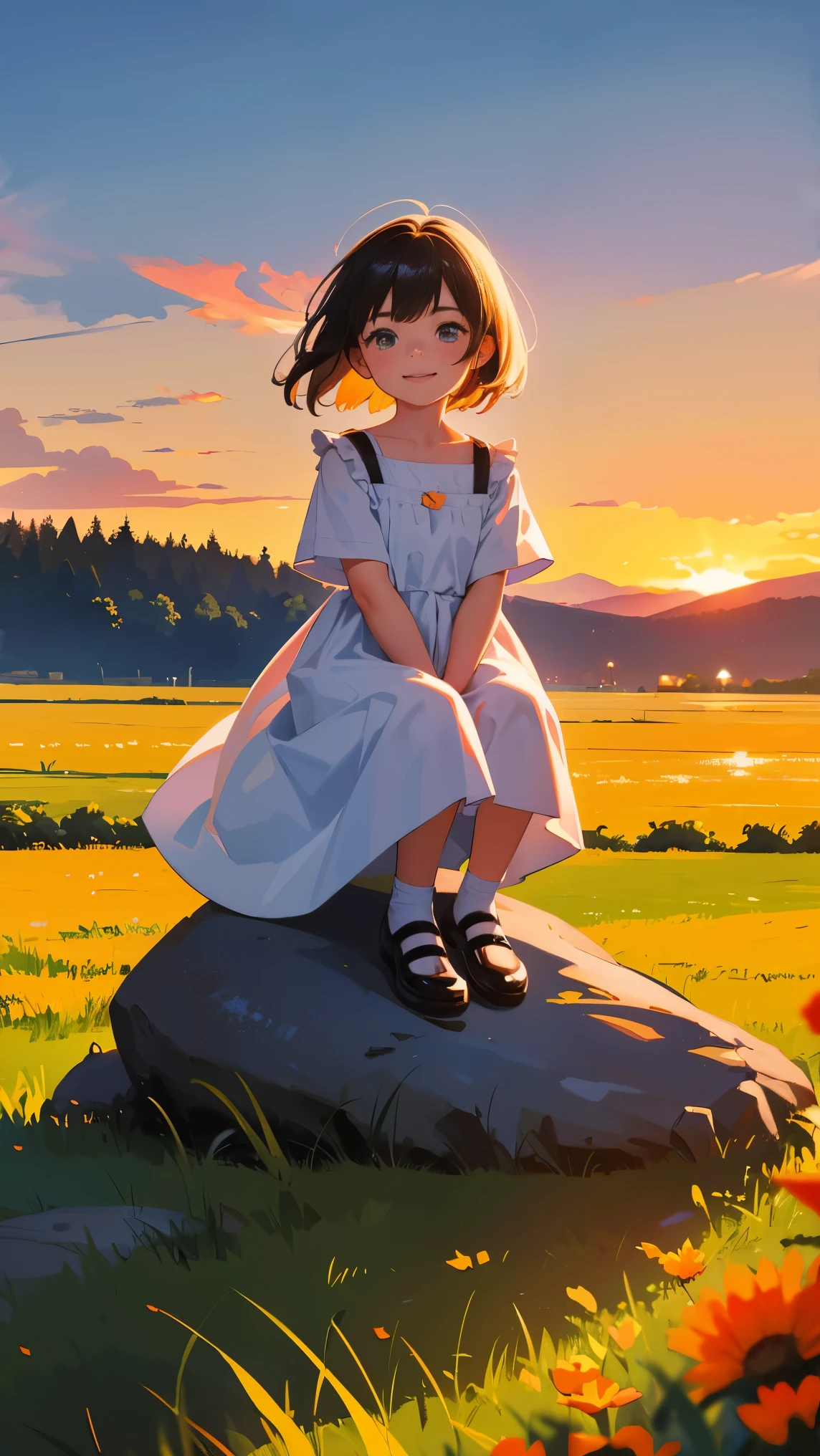 Happy 4 year old girl ，Dress in casual clothes.，sitting on the rocks of the meadow There was an orange and white cat sitting next to him.，The background is a village.，sunset and sunset，Facing the camera，full body photo，ultra high definition
