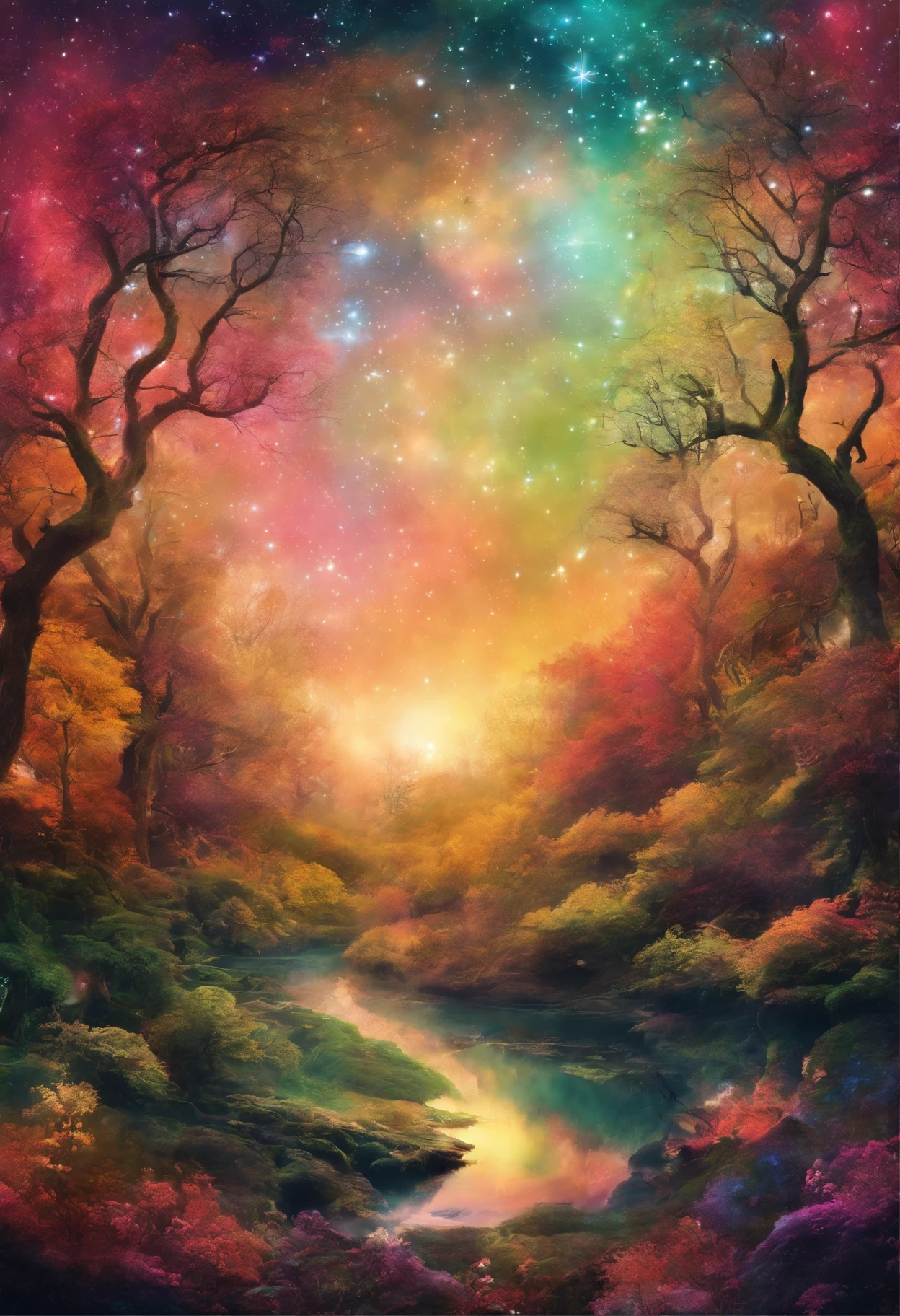 A scenery of a forest, with open sky, In this sky there are several planets of different colors, varias estrelas