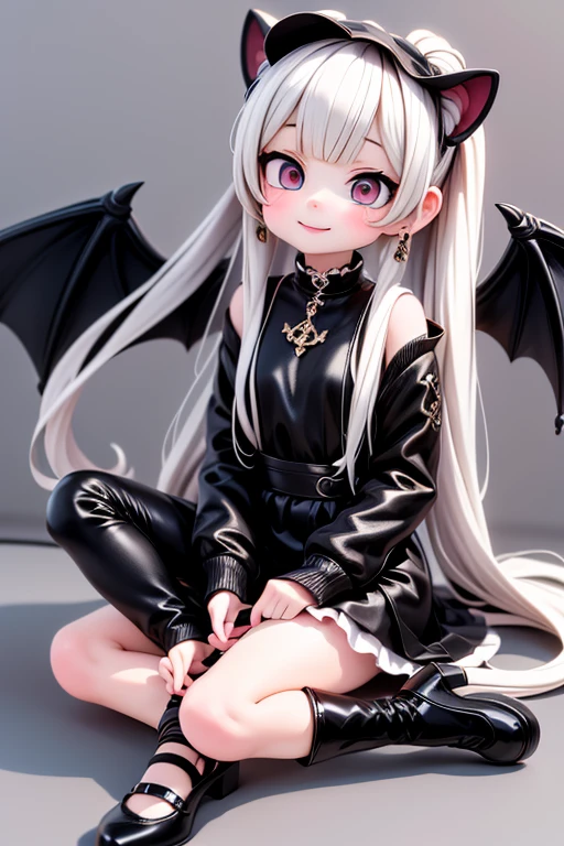 masterpiece, best quality, a cute girl smiling, long hair, (white skin:1.6), red smokey eyes makeup, crop shirt, short puffy sleeves, mini skirt, earrings, big_black_bat_wings, goat _horn_on_head, choke, (white pantyhose), ((ta shoes)), ((patent leather PUMPS)), laying, from below, footwear focus, (((clothes tug))), ultrarealistic, cute digital painting, cute digital art, realistic cute girl painting, cute detailed digital art, cute cartoon characters, beautiful character painting, cute characters, cute anime girl, cute cartoon, kawaii realistic portrait, digital cartoon painting art, cartoon cute, cute portrait, render a cute 3D anime girl, kawaii realistic portrait, anime moe art style, drawn in an anime artist studio, sitting on the ground, high - end fashion photoshoot,