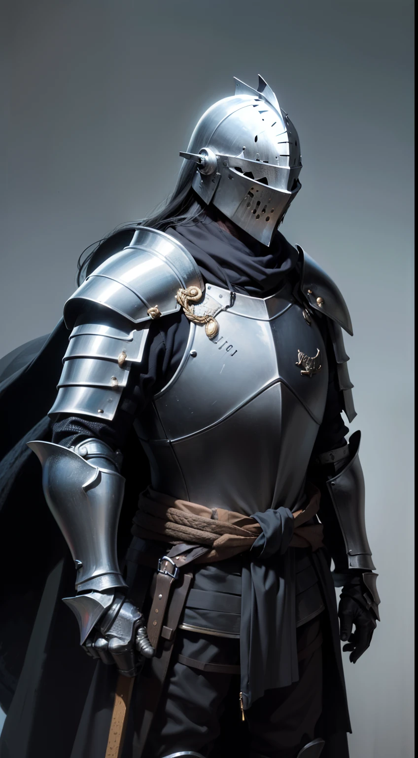 (UHD, masterpiece, accurate, anatomically correct, textured skin, super detail, high details, high quality, best quality, highres, 1080P, HD, 4K, 8k, 16k), studio lighting, physically-based rendering, vivid colors, (portrait, (simple background), ((1 character)), ((male knight), (low camera angle), (the knight uses a flowing ragged cloth around his waist), (dark atmosphere), ((black armor)), (hidden face), (helmet), ((unarmed))