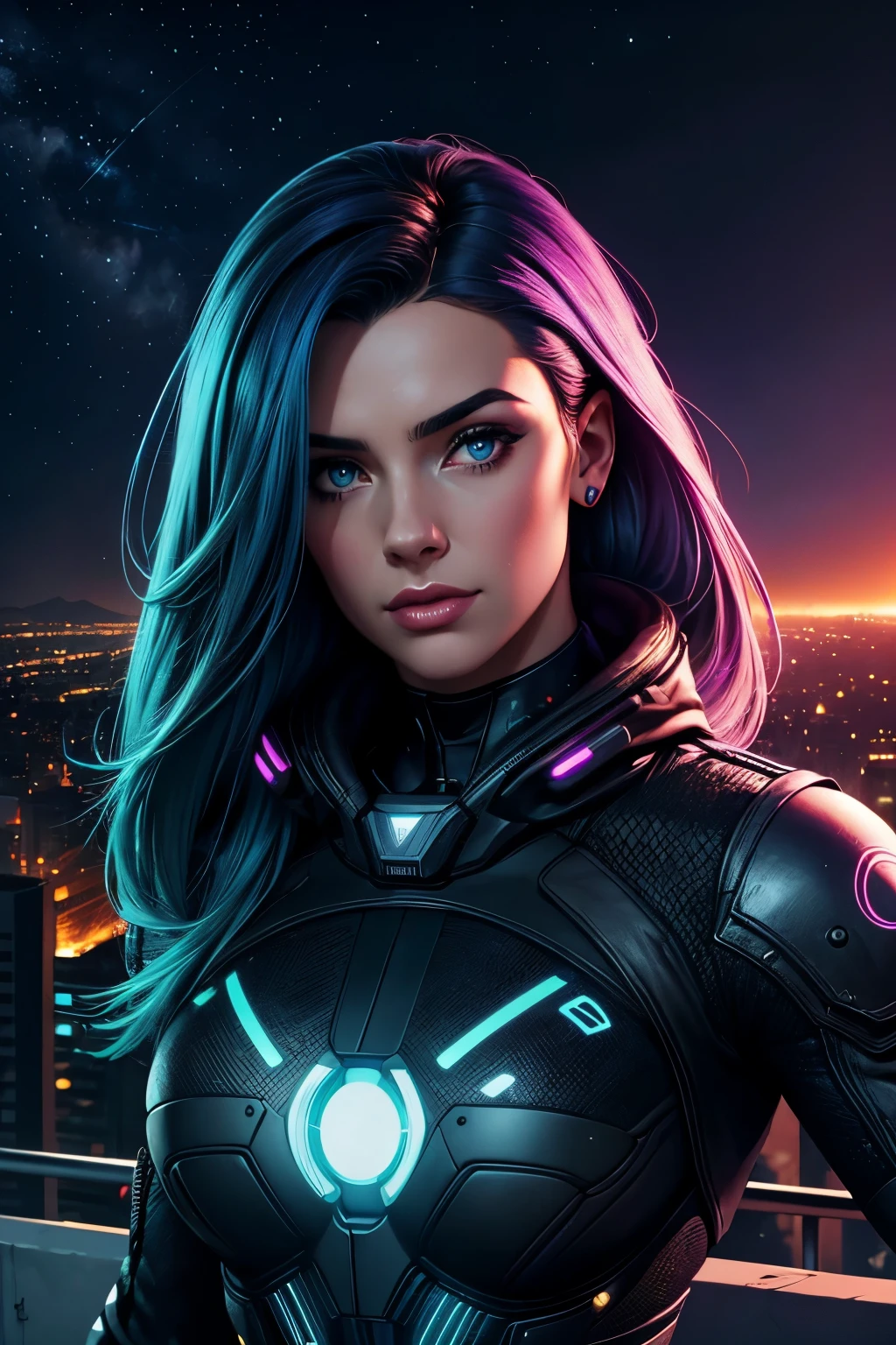 (obra de arte), melhor qualidade, ultra high resolution,Garotinha, cyberpunk 1girl voando sobre uma paisagem urbana deslumbrante ,capuz,cabelo azul,  estrelas cadentes em cor neon, cabelo muito comprido, fora do ombro, enfeite de cabelo de pena, neon colors, pisca, stunning night sky, Cinematic lighting, fotorrealista, Pele realista, hdr,olho de peixe