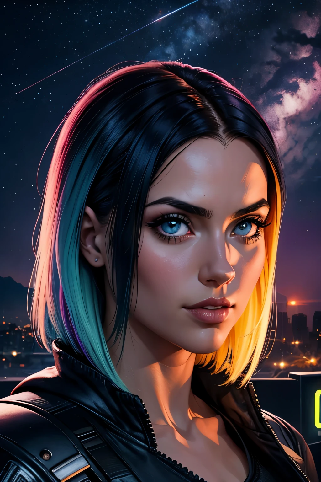 (obra de arte), melhor qualidade, ultra high resolution,Garotinha, cyberpunk 1girl voando sobre uma paisagem urbana deslumbrante ,capuz,cabelo azul,  estrelas cadentes em cor neon, cabelo muito comprido, fora do ombro, enfeite de cabelo de pena, neon colors, pisca, stunning night sky, Cinematic lighting, fotorrealista, Pele realista, hdr,olho de peixe