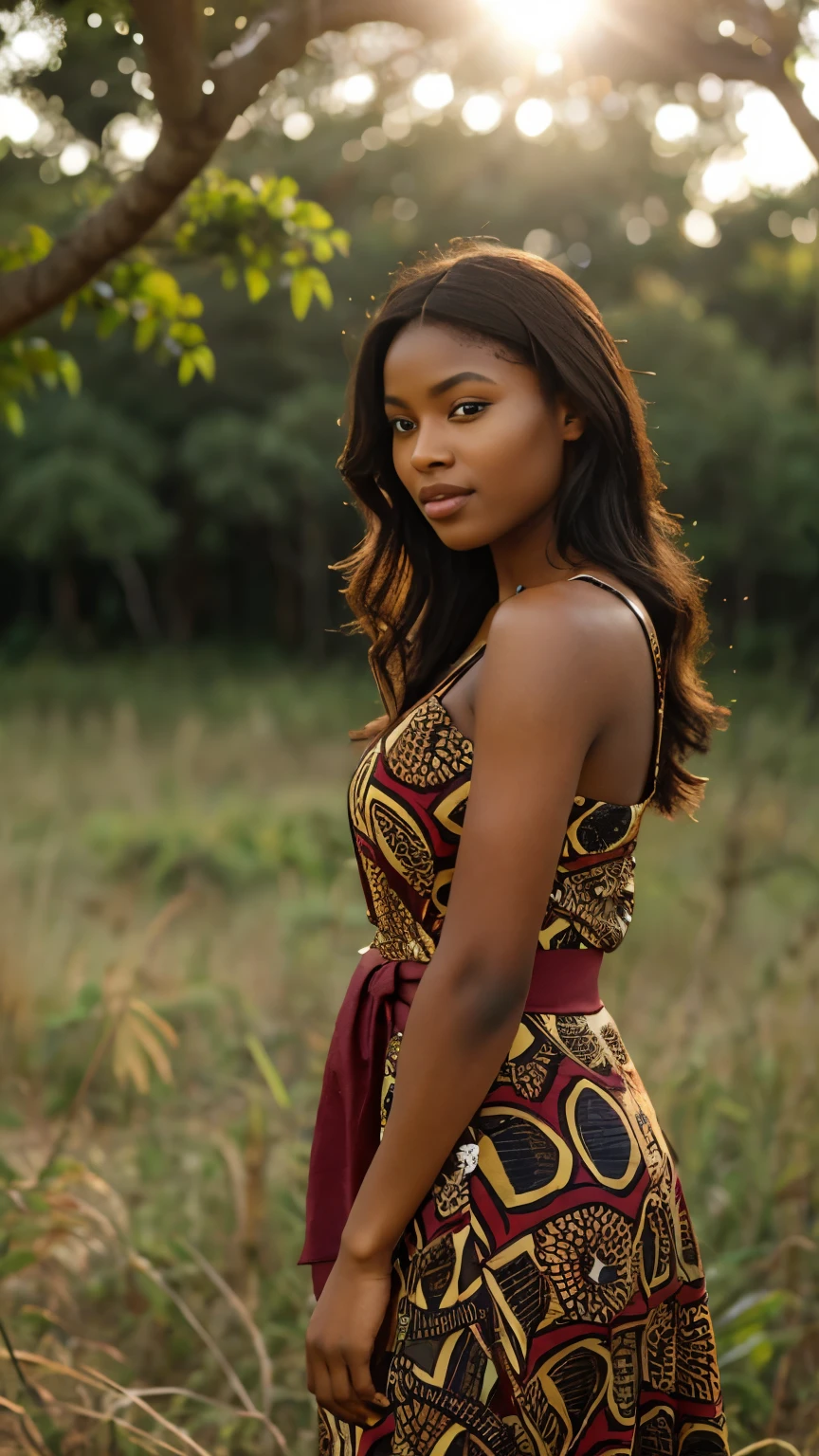Medium shots of a mesmerizing African ebony, a sensual woman draped in vibrant fabrics, adorned with intricate jewelry, standing gracefully in a sunlit savannah, surrounded by tall grass and acacia trees, evoking a sense of timeless beauty and elegance, Photography, 85mm prime lens, f/2.8 aperture, --ar 16:9 --v 5