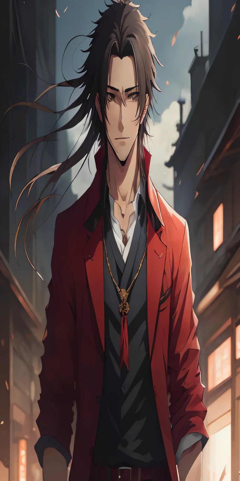 personagem de anime com cabelo comprido e jaqueta vermelha andando por uma rua, Homem bonito de anime, tsurumaki kazuya, handsome guy in demon slayer art, Retrato de anime de um homem bonito, inspirado em Yamagata Hiro, bela pose de anime, personagem de anime masculino, Taisho Roman, badass anime 8 k, arte detalhada de personagem de anime, shigenori soejima illustration