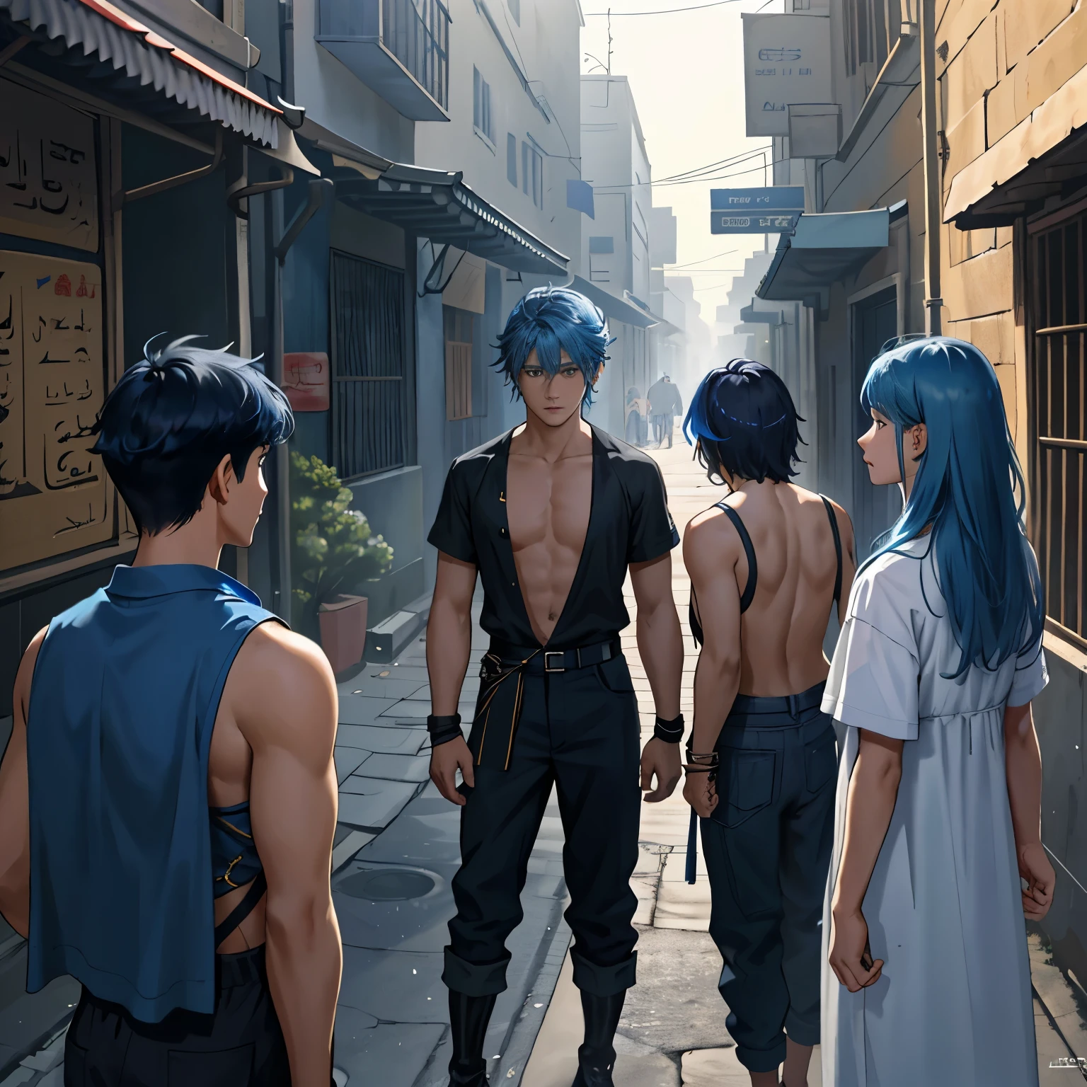 A group of 3 friends aged 13 and 24, They are talking about how to defend themselves from the enemy army when they invade the city 14 years of blue hair, The boy with straight hair with his back uncovered and his chest bare but dressed in typical clothes of ancient Egypt with dark skin walking lost through the different streets of a city is noon. doferentes angulos mira la ciudad desde lo slto de una colina.