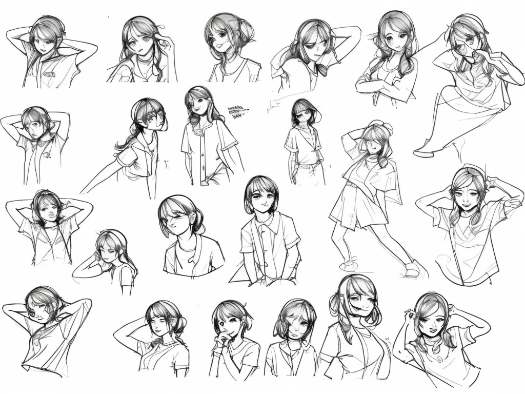Cute girl drawing, line sketch, animated sketch, casual pose, short full body portrait! , various poses, line sketches, girl sketches, old sketches, loose pencil sketches, character design sketches.