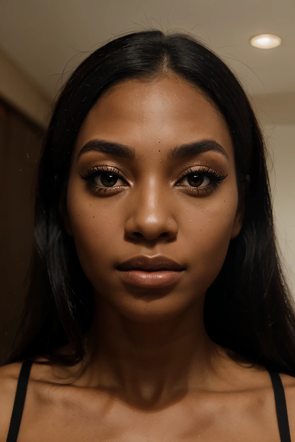 image of a female face with prominent, large, forward-facing eyes. Long nose and black skin. With makeup that doesn't value