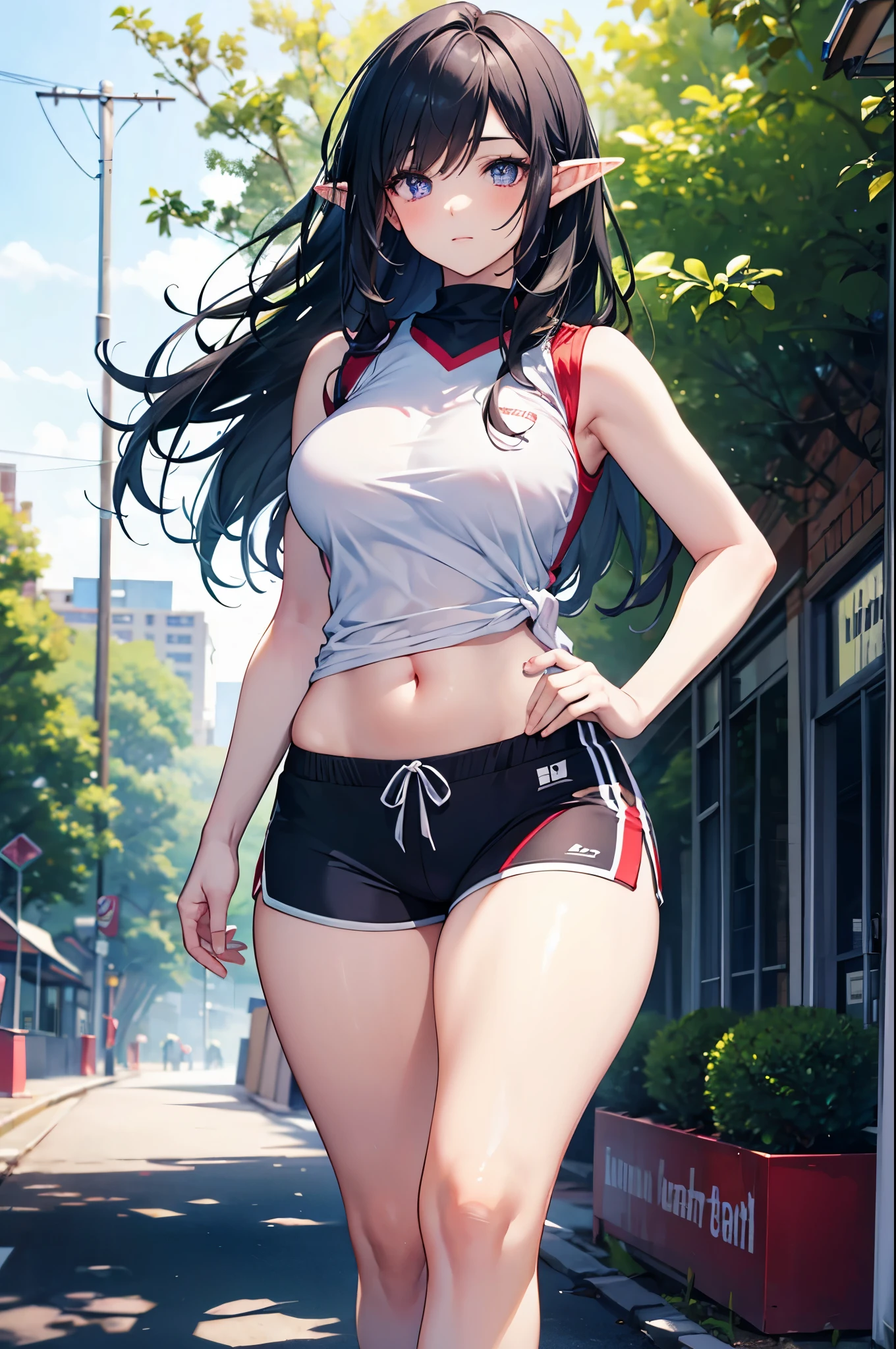 realistic image, coherent image, detailed image, 1 beautiful elf. She has black hair, long silky hair. Her eyes are violet, long eyelashes. Her face is oval and delicate. She is wearing a sleeveless shirt, showing her navel, ripped sports shorts, sneakers. She has a curvy body, medium breasts, thick thighs. she pose sexy. walking with his hands behind his back. Urban background, surrounded by trees. natural lighting, volumetric lighting