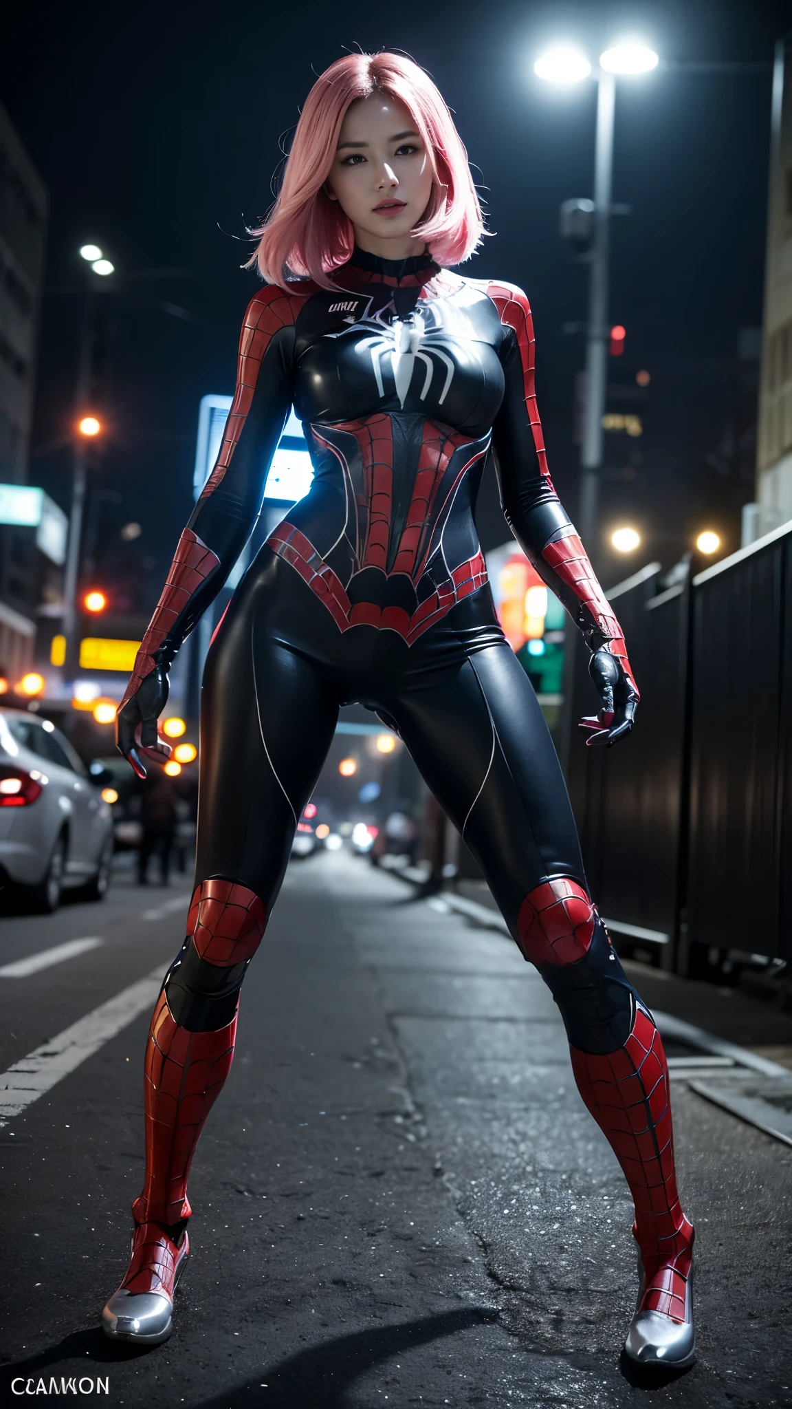 (Wearing the Spider-Girl hero suit:1.3), (dark night:1.3), sagging breasts, sagging breasts, (very detailed: 1.2), (Canon EOS R6 Best Quality: 1.2), (8 thousand: 1.0), (EMB-RRF-Low: 1.0), (A large black tattoo on a cybernetic head opens in the middle to reveal the inside.., detailed face, High tech with highly detailed eyes and holographic display., sharp focus (award photo: 1.2), (underground spawning: 1.2), (underground spawning: 1.2). 1.1) (Beautiful and highly detailed cyborg: 1.2), ( highly detailed hair: 1.2), (nice body: 1.2), (whole body: 1.2), (dynamic stance :1.2), neon glow, (Detailed cybernetic eyes:1.1), enlargement (hyperrealism:1.2), RPG, cyberpunk 2077 style, dramatic lighting, (very detailed futuristic cityscape:1.2), (science fiction: 1.2), professional figure, pink hair,