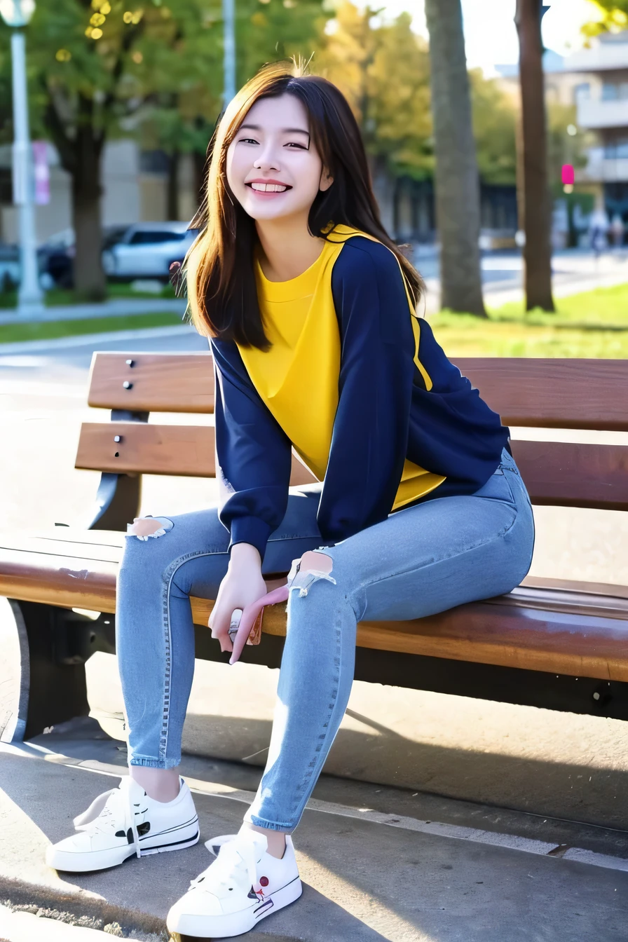 ((highest quality)), A neat and beautiful woman sitting on a park bench、long sleeve blouse、skinny denim、sneakers、Color Socks、smile、smile showing teeth、full body photo