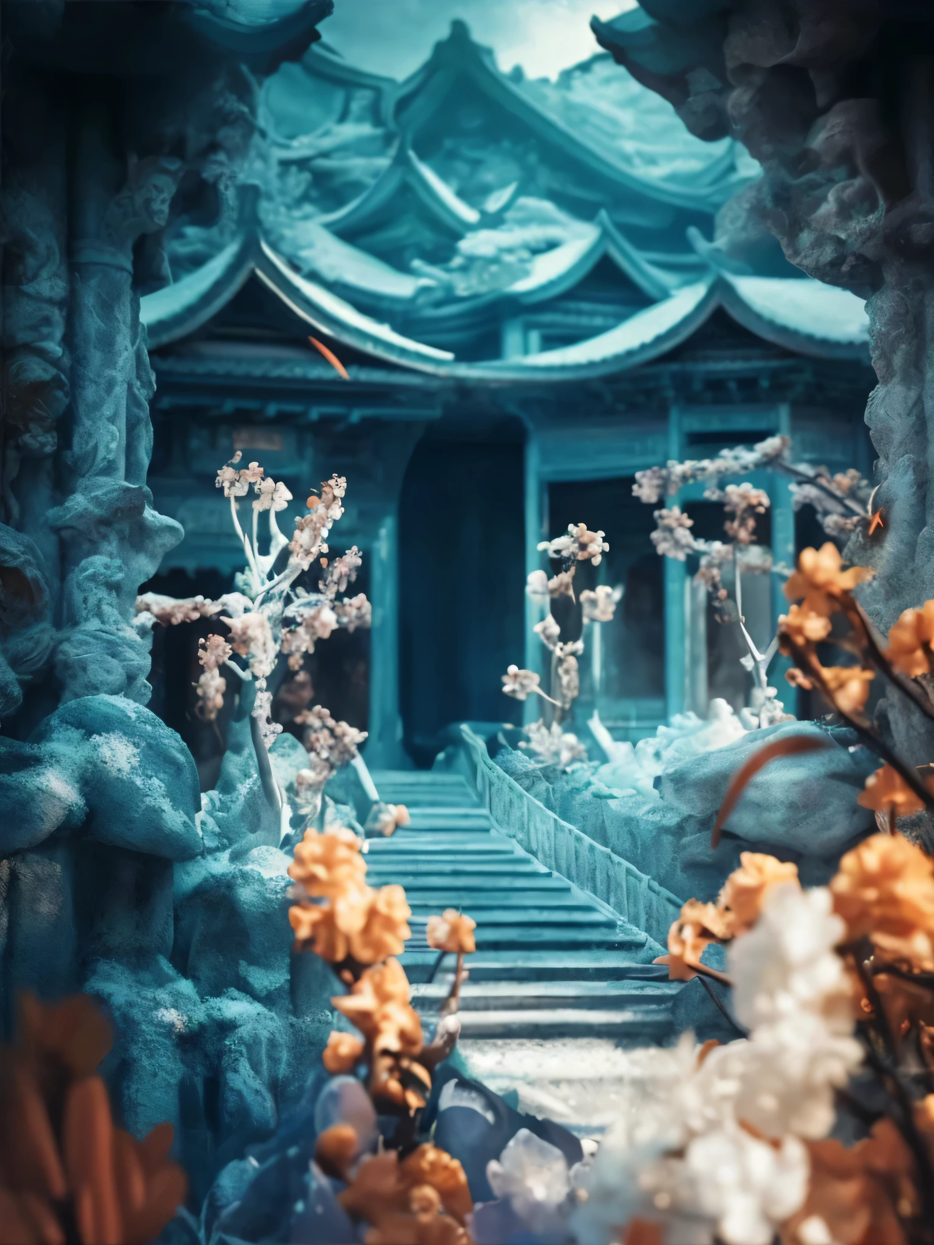 There is a blue and white picture，Above is a building full of flowers, hummingbird and james jean, Beautiful fairy tale rendering, a mysterious temple, Highly detailed and ultra-realistic visuals, Undersea Temple, hummingbird and mike winkelmann, Complex and gorgeous anime CGI style, hummingbird. hyperrealism, Fantasy style 8K Octane rendering, realism | hummingbird, water temple