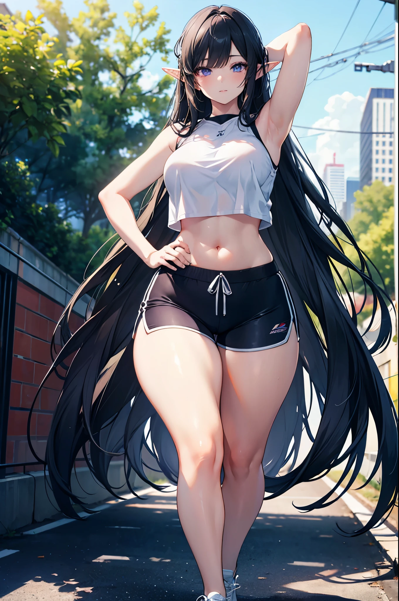 realistic image, coherent image, detailed image, 1 beautiful elf. She has black hair, long silky hair. Her eyes are violet, long eyelashes. Her face is oval and delicate. She is wearing a sleeveless shirt, showing her navel, ripped sports shorts, sneakers. She has a curvy body, medium breasts, thick thighs. she pose sexy. walking with his hands behind his back. Urban background, surrounded by trees. natural lighting, volumetric lighting