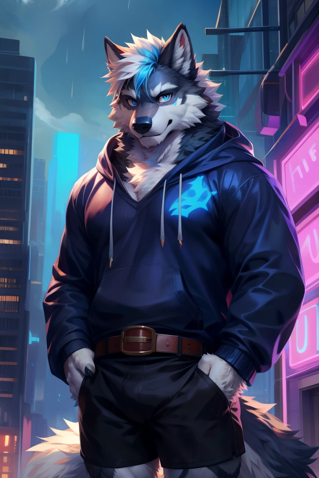 solo,anthro,furry,furry male, Wolf, ((fluffy fur,fluffy,furry body)), (dark gray fur, ancient Wolf print), (white body), White mohawk, white hair, blue eyes, short messy hair, tail, blue hair, sky blue eyes, detailed fluffy fur, Black Baggy Hoodie, detailed face, detailed eyes, dark blue shorts, blue trimming, black shorts, crest, crystal, blue pendant, detailed clothes, torn, detailed black baggy hoodie, decorative belt, gold straps, bag over shoulder, white muzzle, full body, muscular, (by null-ghost, by racoon21, masterpiece, high quality,hi-res,8k had), standing,close-view portrait, looking at viewer, outdoors, lights, sad expression, dark shadows, neon city, pose, rain, rooftop, over city
