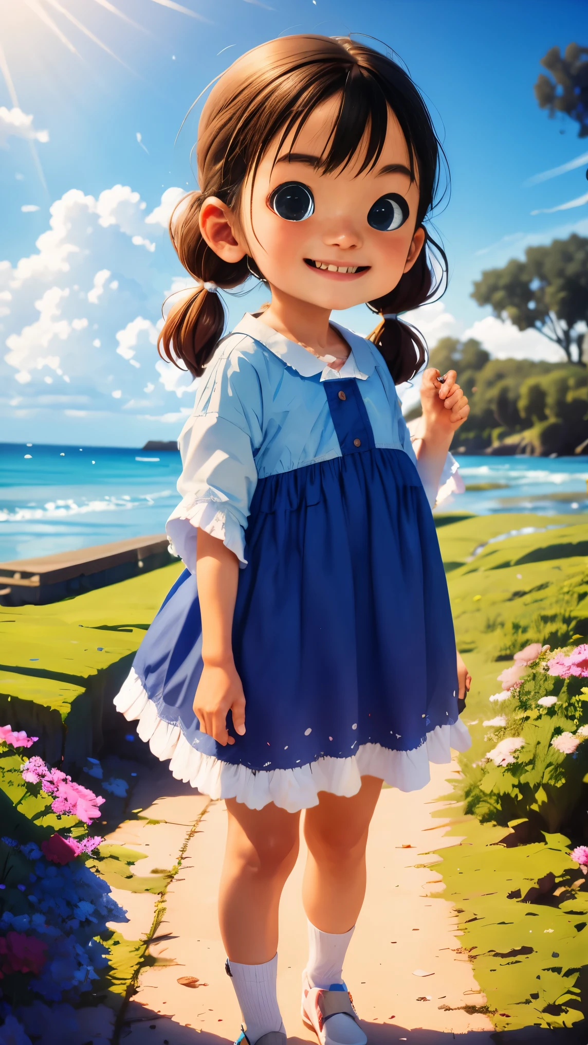 Masterpiece， High quality, best quality，1 girl， smoothly，pig tails hair,  sea beach， light blue_sky， Bow knot，have， shirt， skirt， Skysky， smile， rays of sunlight， tree