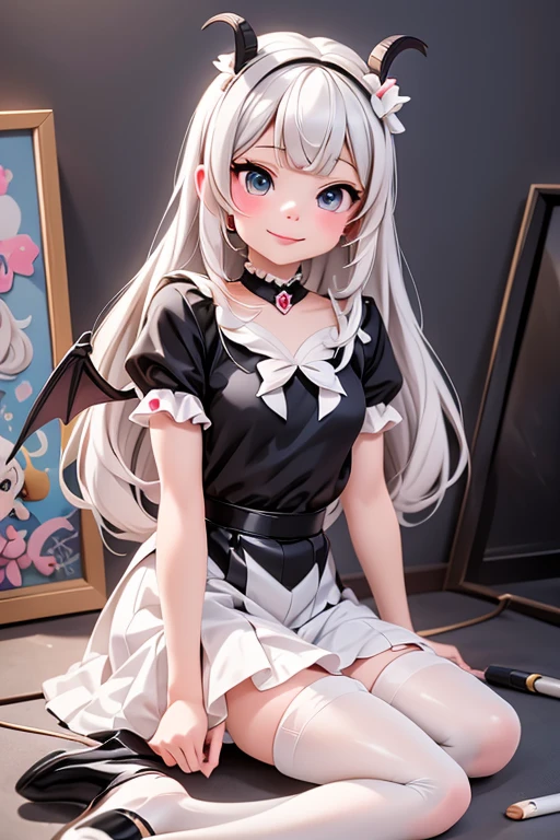 masterpiece, best quality, a cute girl smiling, long hair, (white skin:1.6), red smokey eyes makeup, crop shirt, short puffy sleeves, mini skirt, earrings, big_black_bat_wings, goat _horn_on_head, choke, (white pantyhose), ((Lolita shoes)), ((patent leather PUMPS)), laying, from below, footwear focus, (((clothes tug))), ultrarealistic, cute digital painting, cute digital art, realistic cute girl painting, cute detailed digital art, cute cartoon characters, beautiful character painting, cute characters, cute anime girl, cute cartoon, kawaii realistic portrait, digital cartoon painting art, cartoon cute, cute portrait, render a cute 3D anime girl, kawaii realistic portrait, anime moe art style, drawn in an anime artist studio, sitting on the ground, high - end fashion photoshoot, 