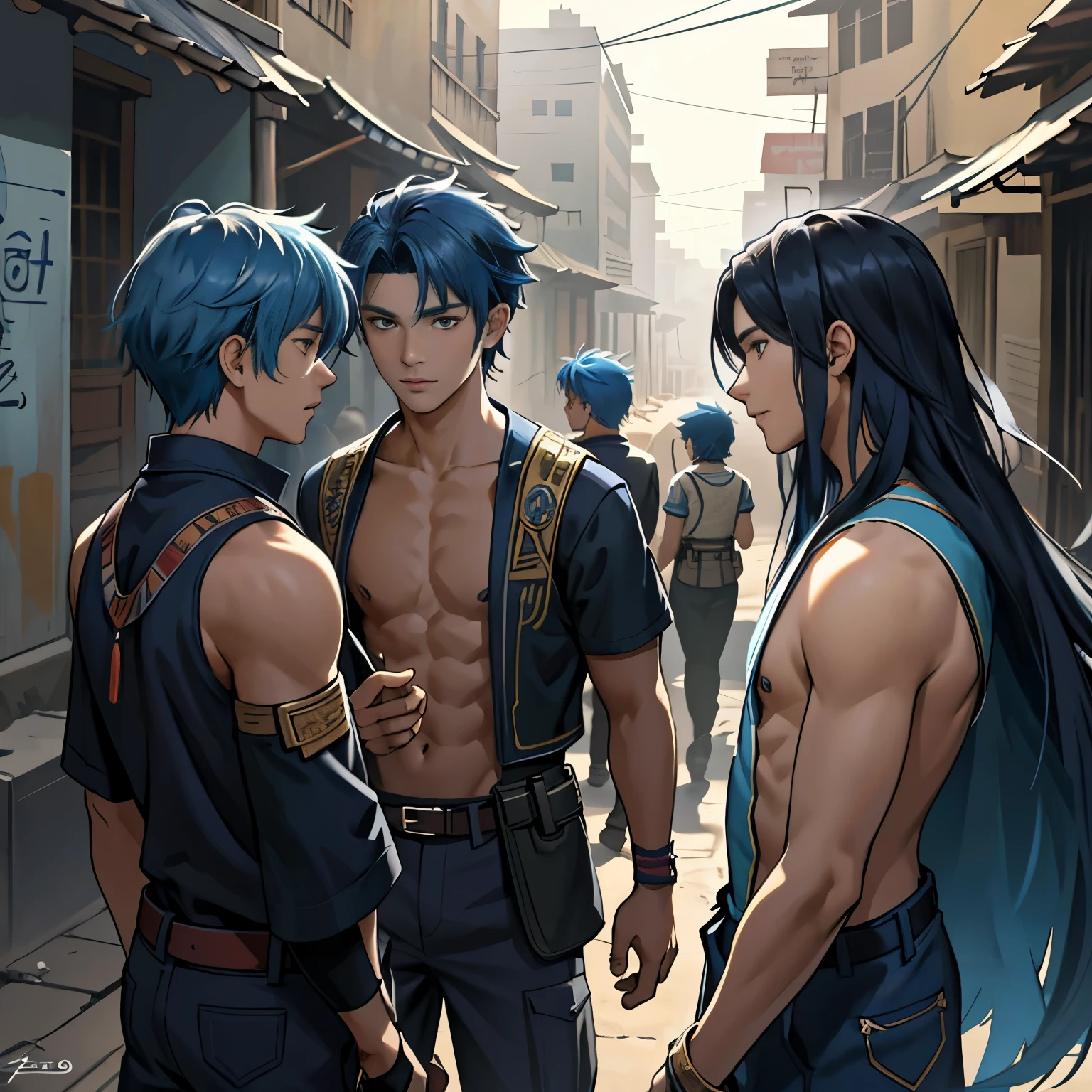 un grupo de 3 amigos cabello color azul, are  and 14They are side by side ready to fend off the enemy army as they invade the city 14 years of bl, The 14-year-old boy with saigair w his back uncovered and his chest bare but dressed in typical clothes of ancient Egypt with dark skin walking lost through the different streets of a city is noon. doferentes angulos mira la ciudad desde lo slto de una colina.