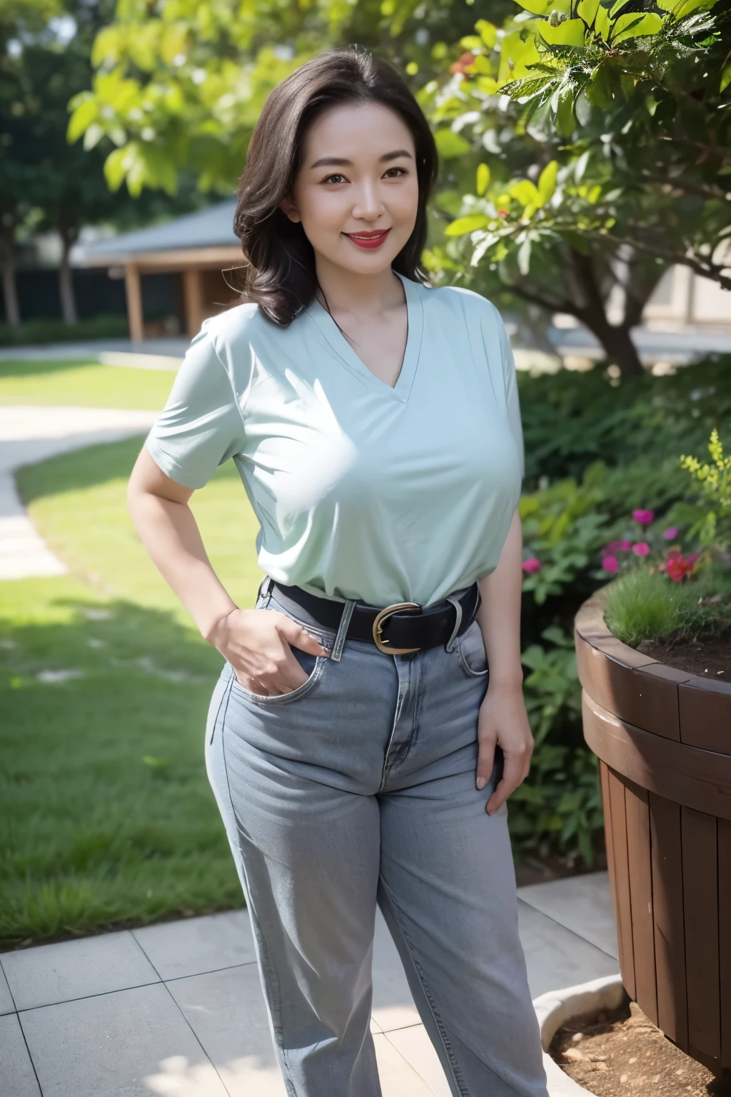 Draw lips correctly, red lipstick, from chest up, best quality, Super detailed, lifelike, Super fine skin, perfect anatomy, (1 日本Mature的女人), (alone),Wear a green shirt,short sleeves,white tie,Gray jeans,black belt,wavy long hair,37-year-old female,Mature,charming smile,Smile,Open your mouth and smile,outdoor background,stand,Leg length,Chubby,Big breasts,The nipple is not visible,stand up,full-body shot