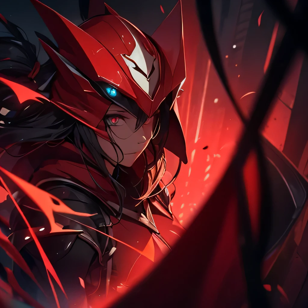 (masterpiece, best quality, 8K) 1girl, solo, skinny, red eyes, detailed eyes, glowing eyes, dead serious, scary, serious, red cloak, dark red cloak, red hood, light armor, leather armor, from above view, above view, above camera,