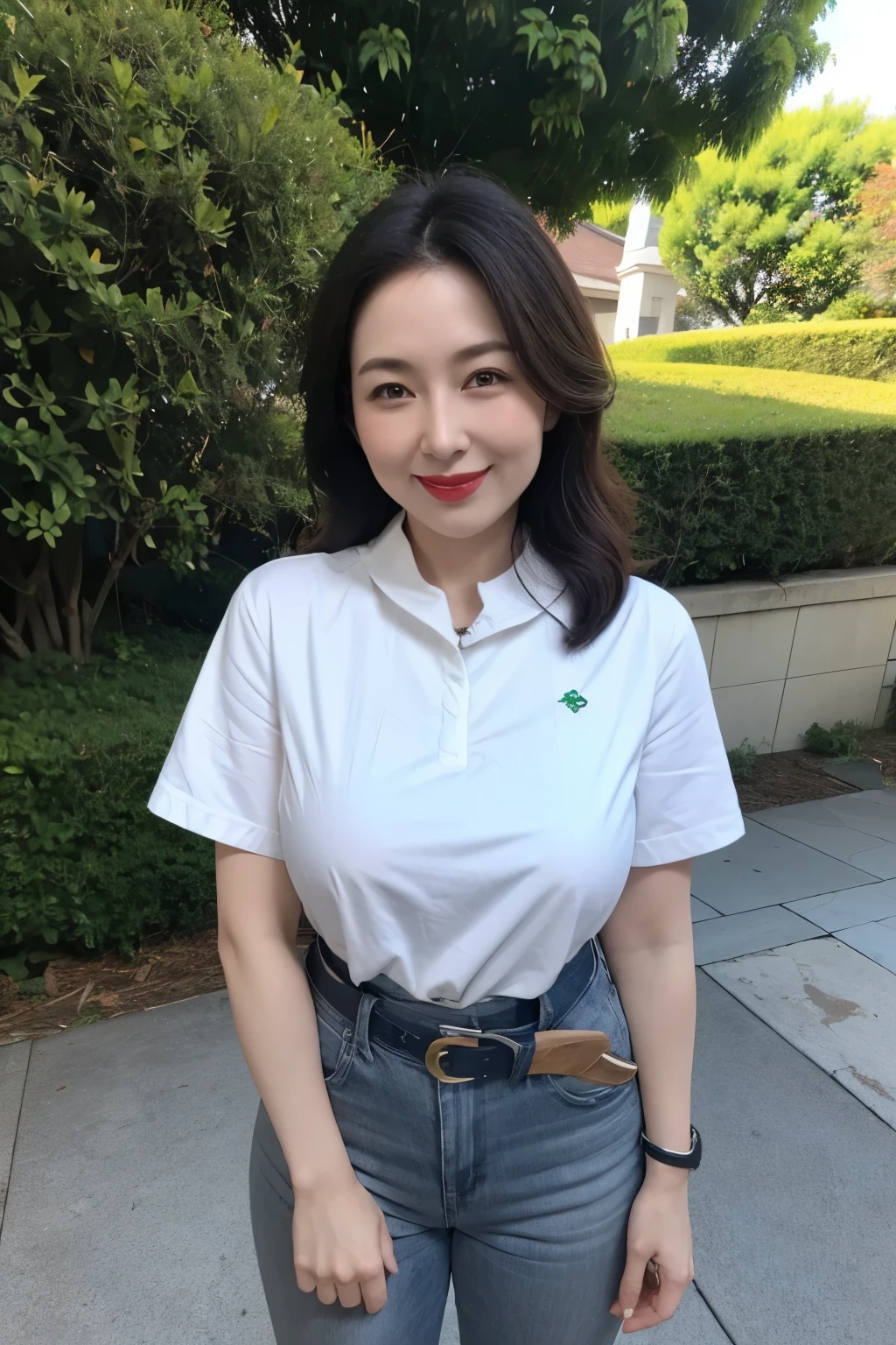Draw lips correctly, red lipstick, from chest up, best quality, Super detailed, lifelike, Super fine skin, perfect ???????, (1 日本Mature的女人), (alone)，Wear a green shirt，short sleeves，white tie，Gray jeans，black belt，wavy long hair，37-year-old female，Mature，charming smile，Smile，Open your mouth and smile，outdoor background，stand，Leg length，Chubby，Big breasts，stand up，full-body shot