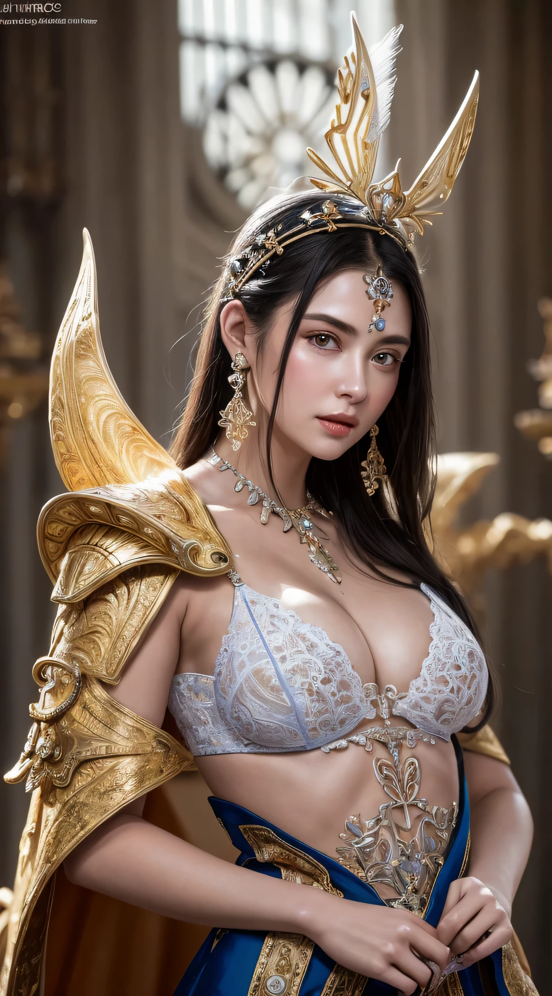 best qualtiy，tmasterpiece，ultra high resolution，（realisticlying：1.4），absurderes，（Eye focus），（sface focus, Clear facial features），Complex 3d rendering of beautiful and charming biomechanical female porcelain figures，(((Has a porcelain finish)))、simulating、Beautiful natural light、rim-light、1 5 0 mm lens、an aztec warrior、feater、nipple piercing、Aztec tattoo、flor branca、Vanilla leaves and stemeandering roots、white blossoms、Fine-leaved lace、steampunc、Silver-gold filigree detailing、alexander mcqueen haute couture、Pearl earrings、Art Nouveau embroidery、Hexagonal network cable、Mandelbro fractal、face muscles、cable wireicro Chip、ellegance、Beautiful natural light, Studio lights, rim-light, The is very detailed, ultra-realistic realism, Sharp, rendering by octane, HR Giger style, Volumetriclighting, 8 k post production, God floating on fire[The discovery of wormholes leads to a new world|The cursed prince must marry the Void]，[sci-fy：fanciful：0.6]cinmatic lighting，detailedbackground，at centre，Michael Bay style，insane detailed，k hd，concept-art，number art，with dynamism，（The most beautiful art in the world：1.2），（V0id3nergy：1.3）